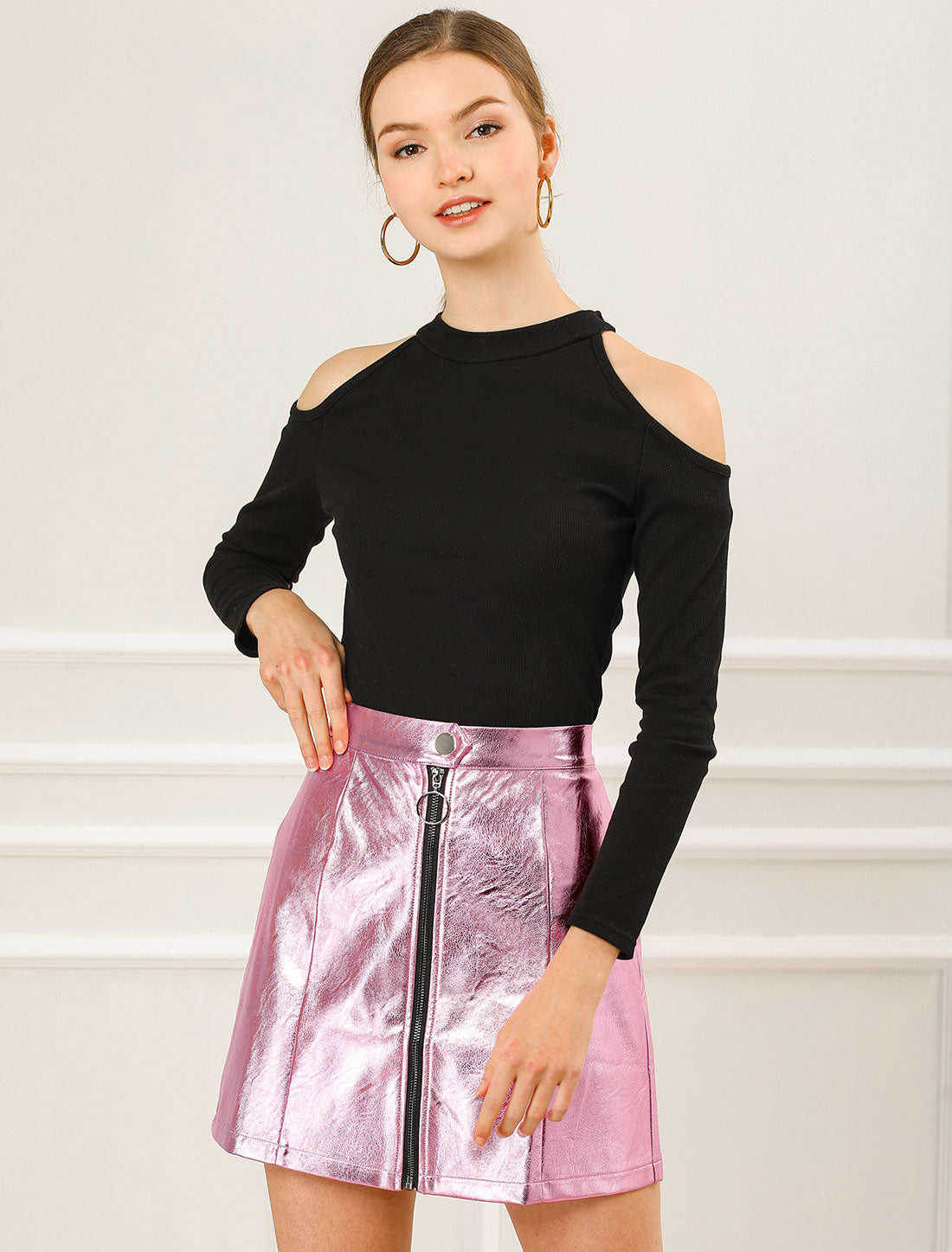 Women's Mini Skirt Shiny High Waist Zipper Short Skirt Partywear