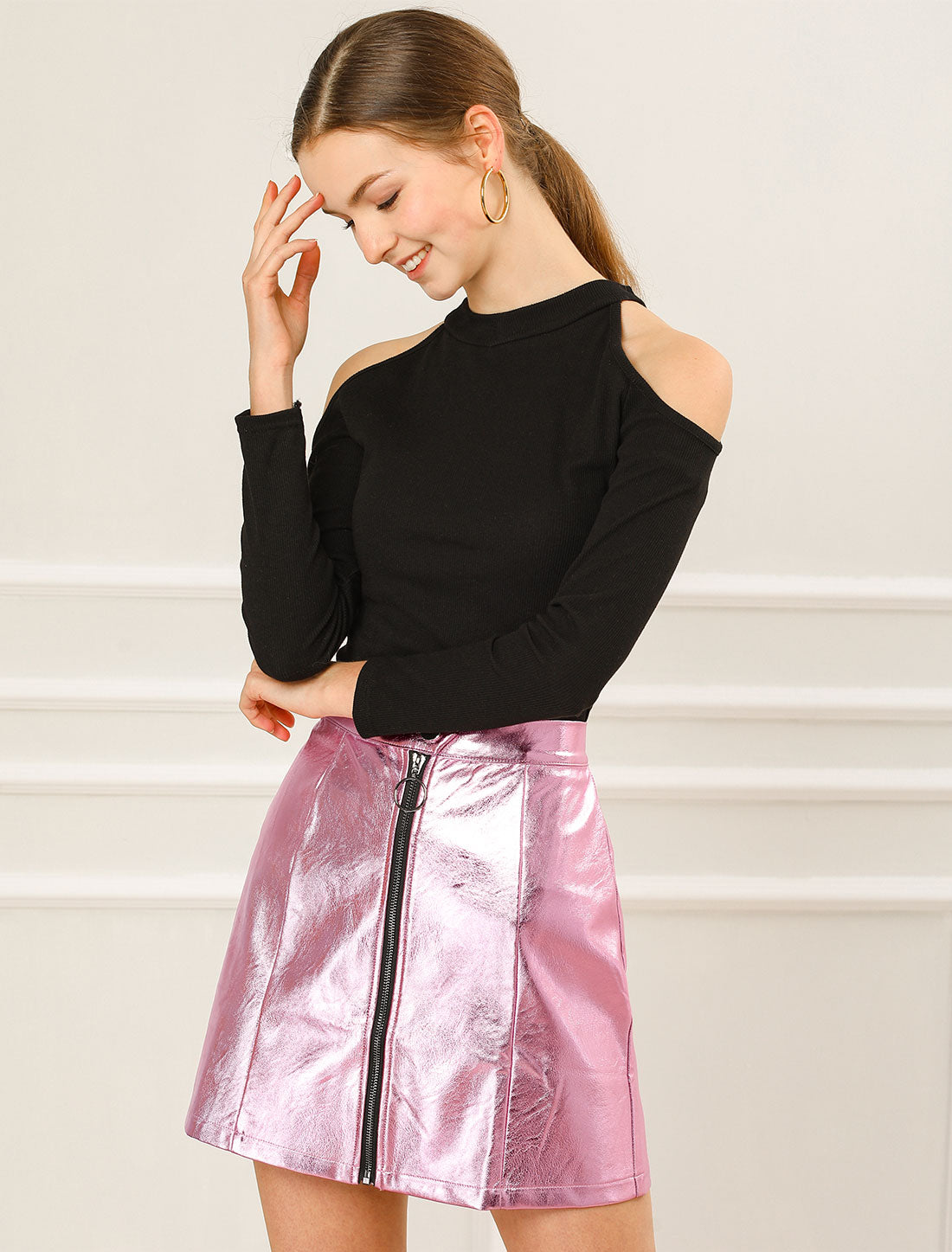 Women's Mini Skirt Shiny High Waist Zipper Short Skirt Partywear