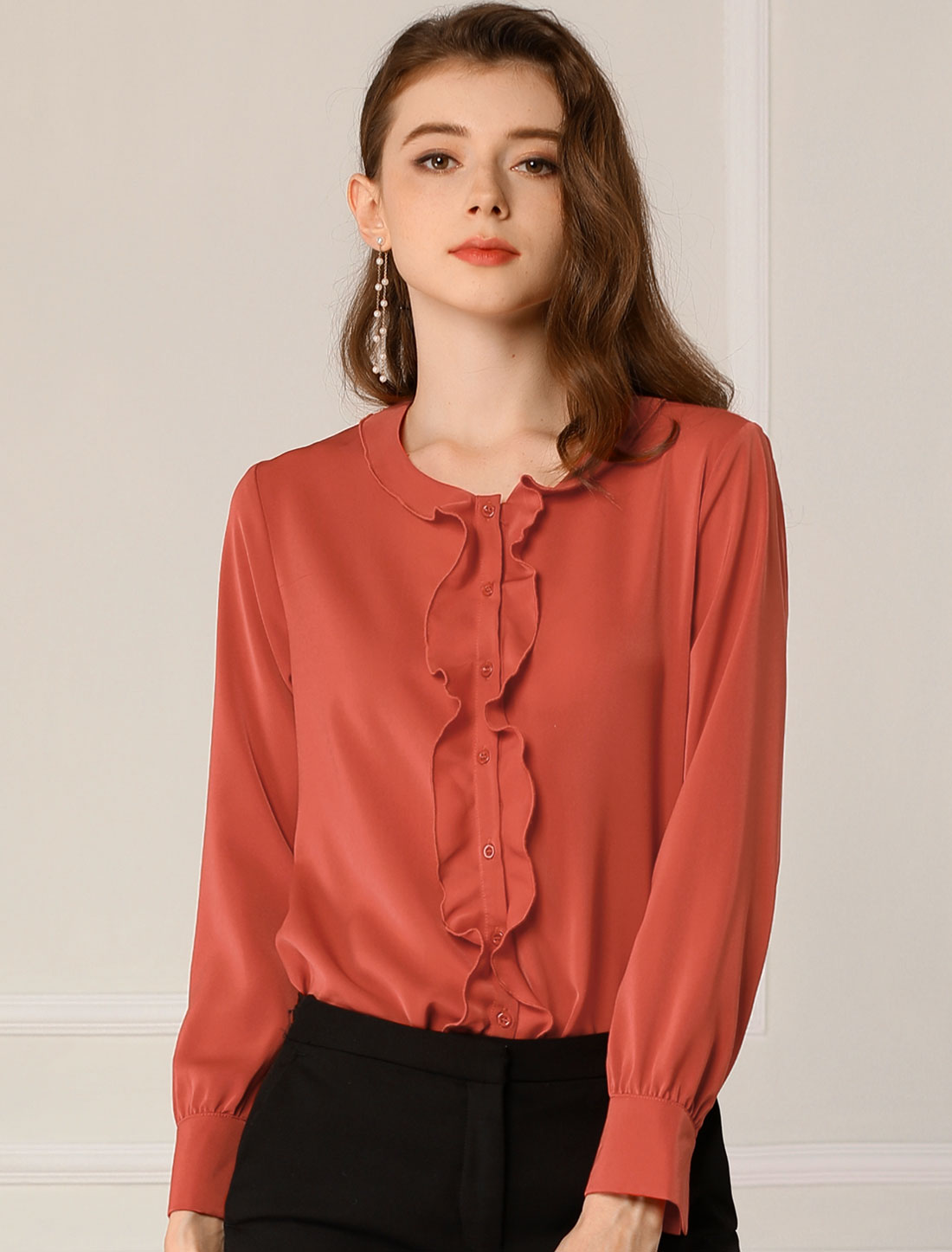 Blusa informal de manga larga con volantes y botones para mujer