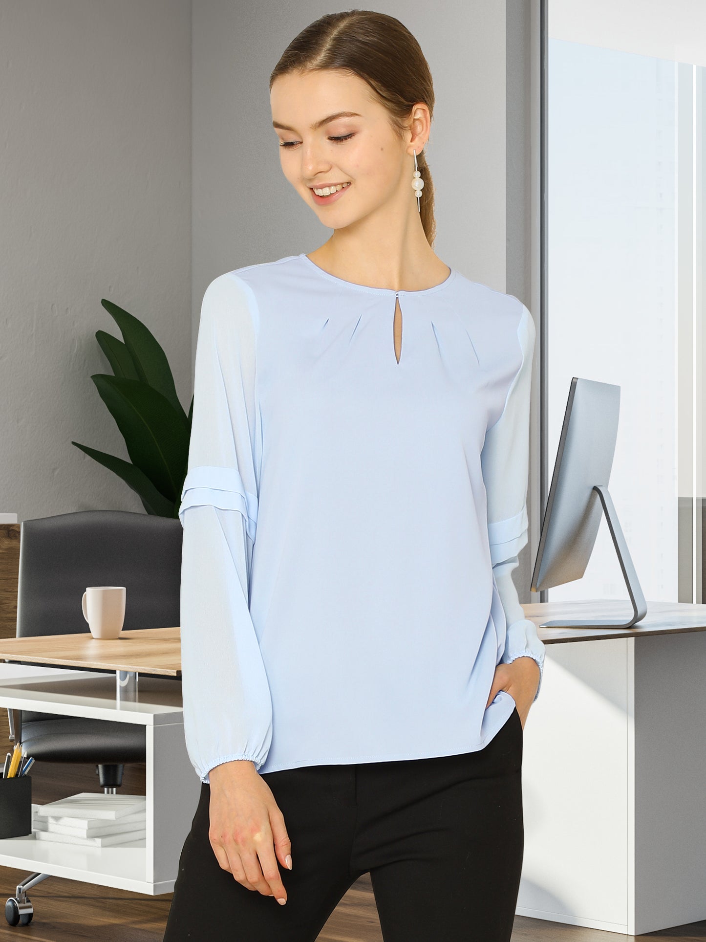 Women's Keyhole Neck Long Sleeve Business Casual Blouse Shirt