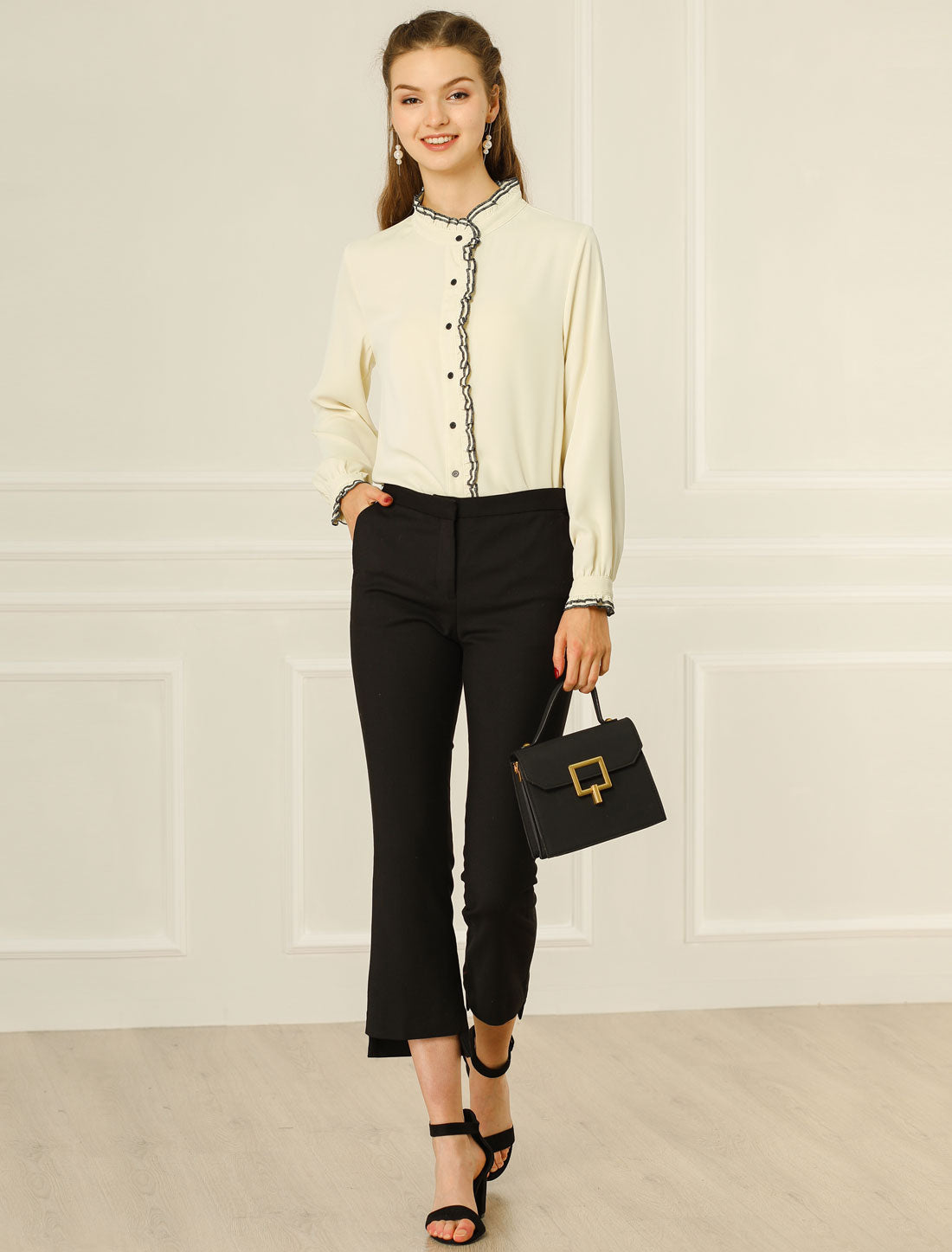 Women's Button Down Shirt Ruffled Stand Collar Chiffon Top