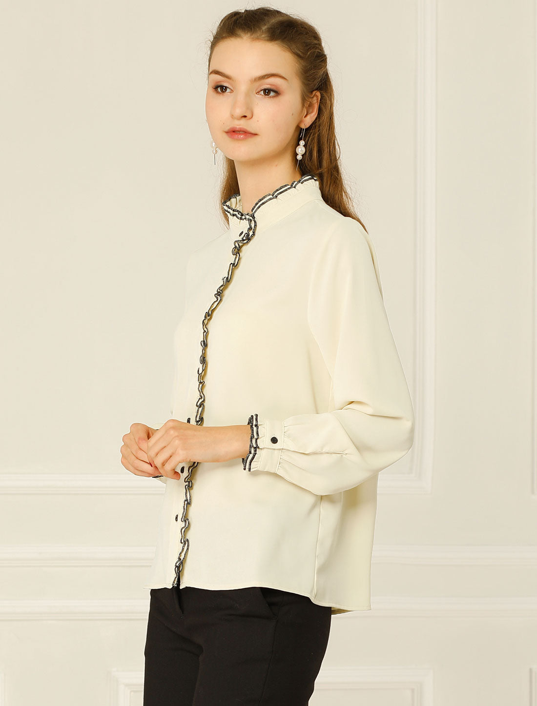 Women's Button Down Shirt Ruffled Stand Collar Chiffon Top
