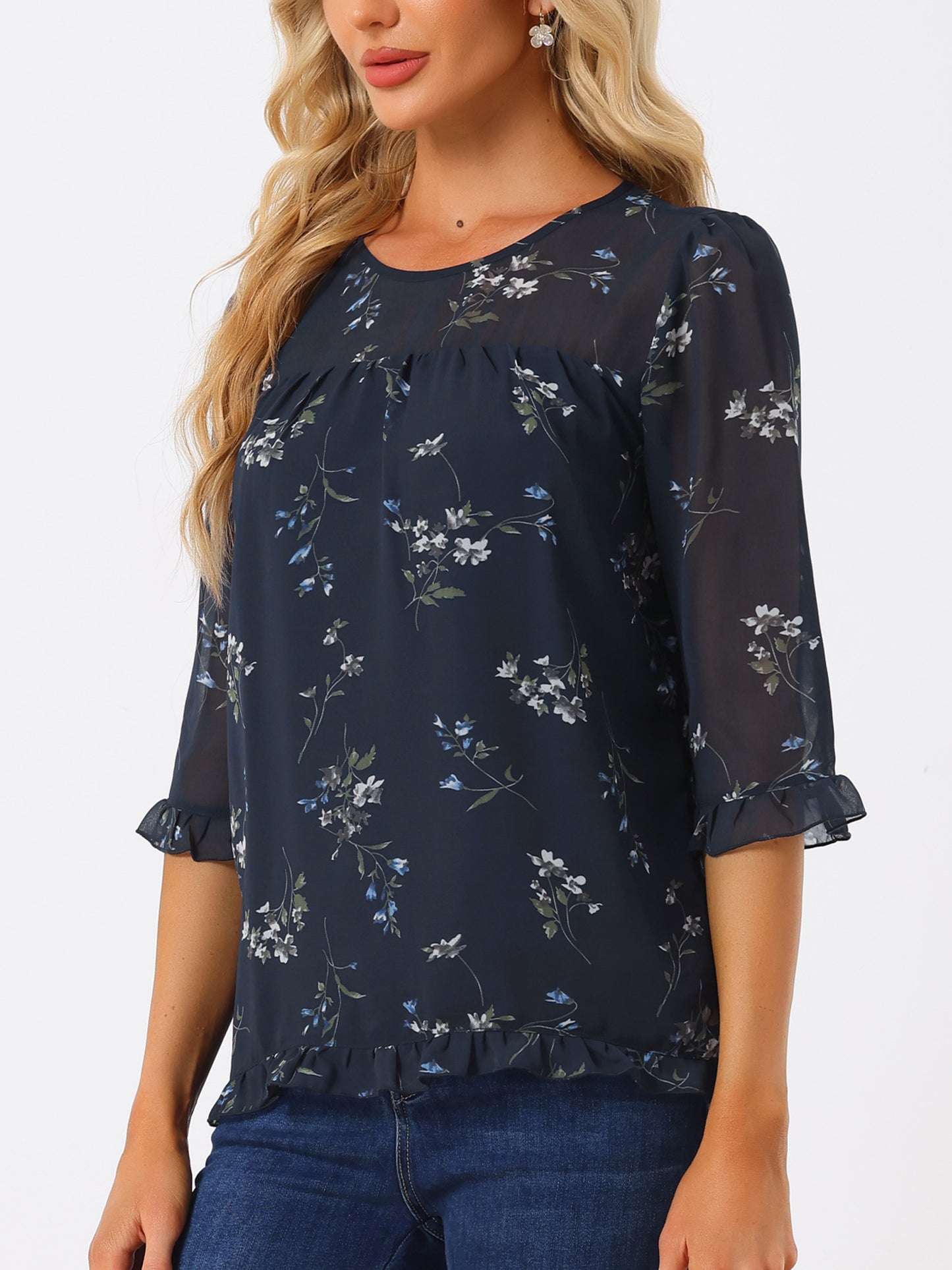 Women's Casual Ruffle 3/4 Sleeve Floral Print Chiffon Blouse (Available in Plus Size)