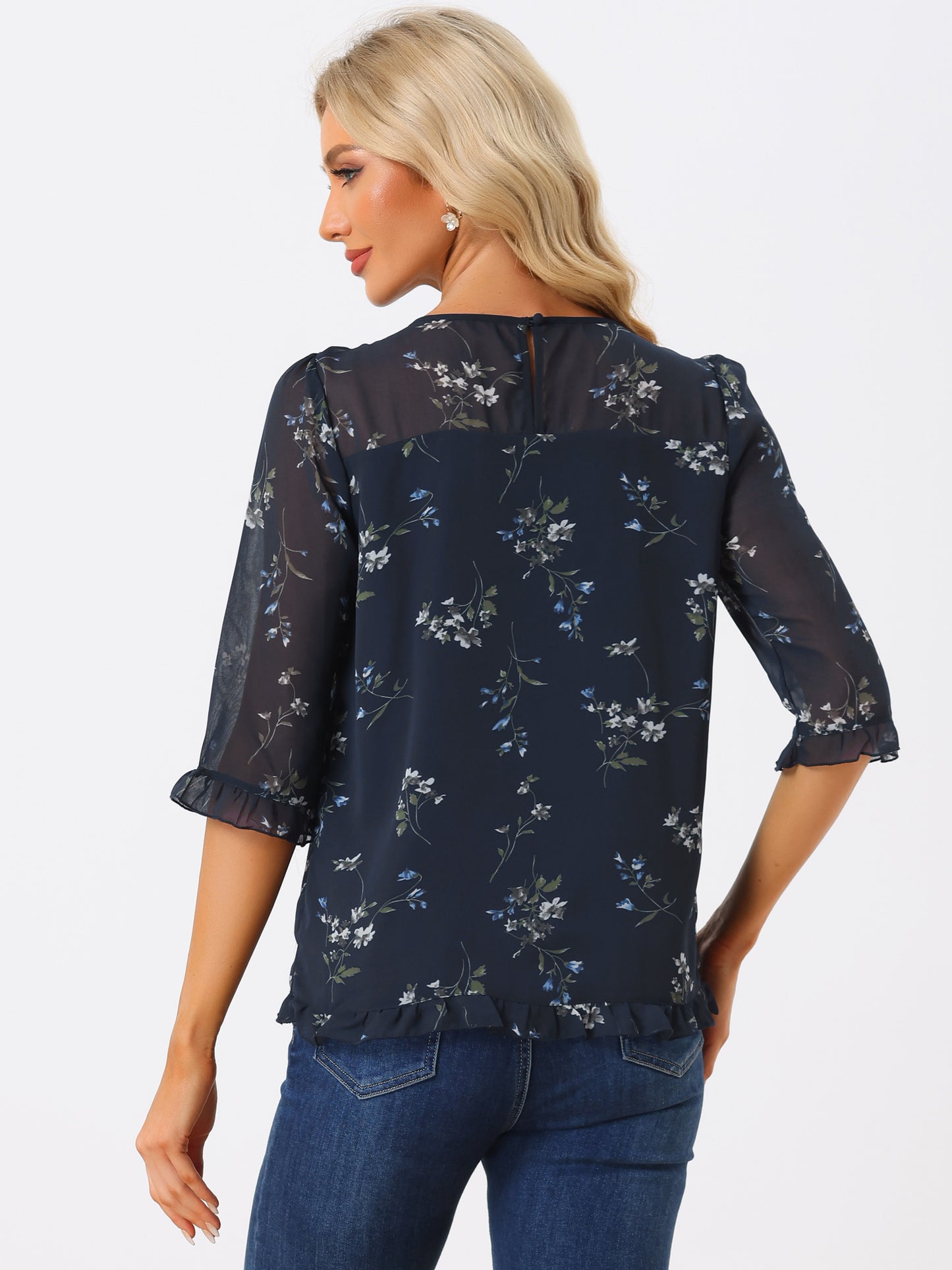 Women's Casual Ruffle 3/4 Sleeve Floral Print Chiffon Blouse (Available in Plus Size)