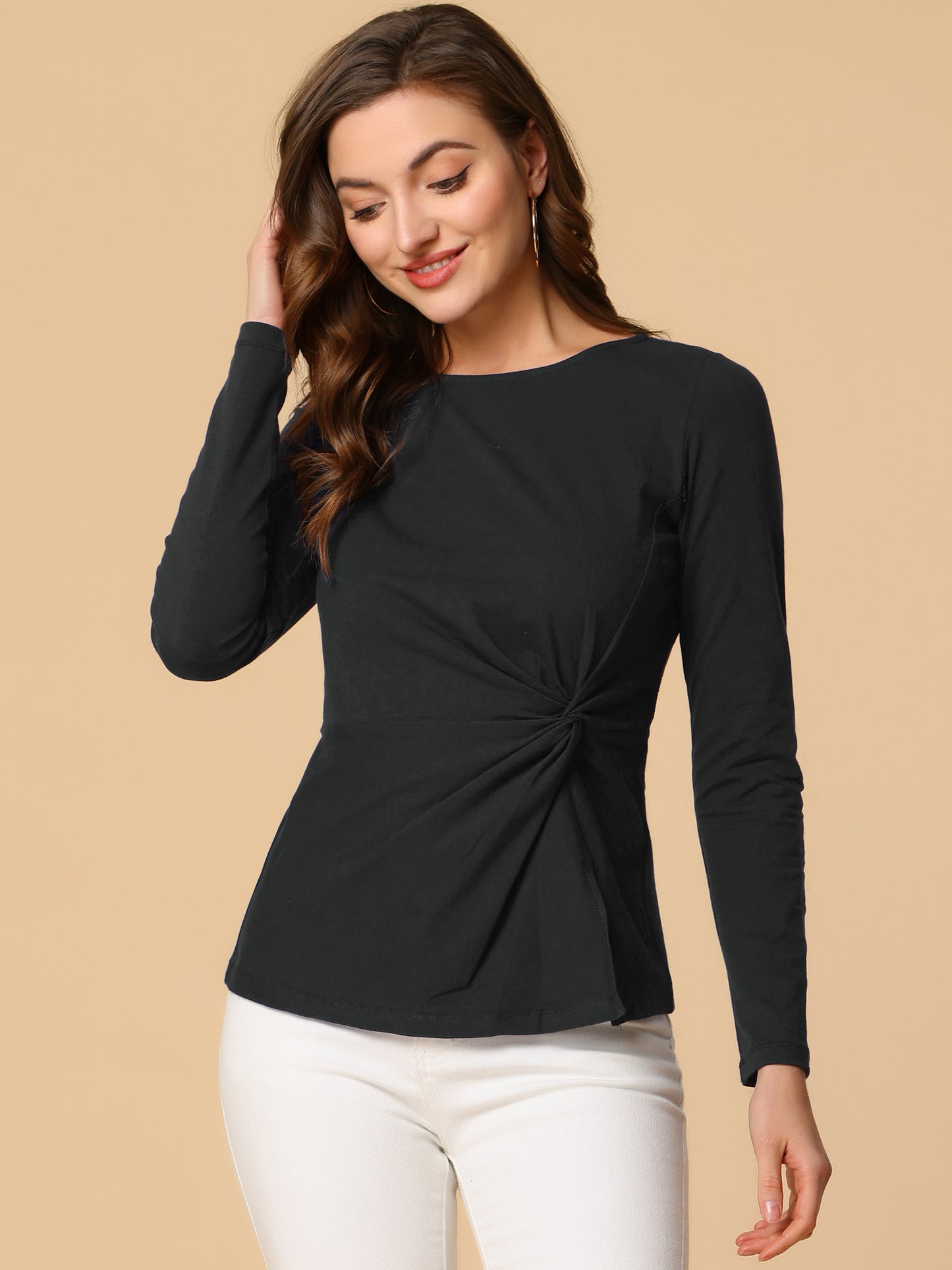 Women's Long Sleeve Round Neck Front Twist Top Ruched T-Shirt