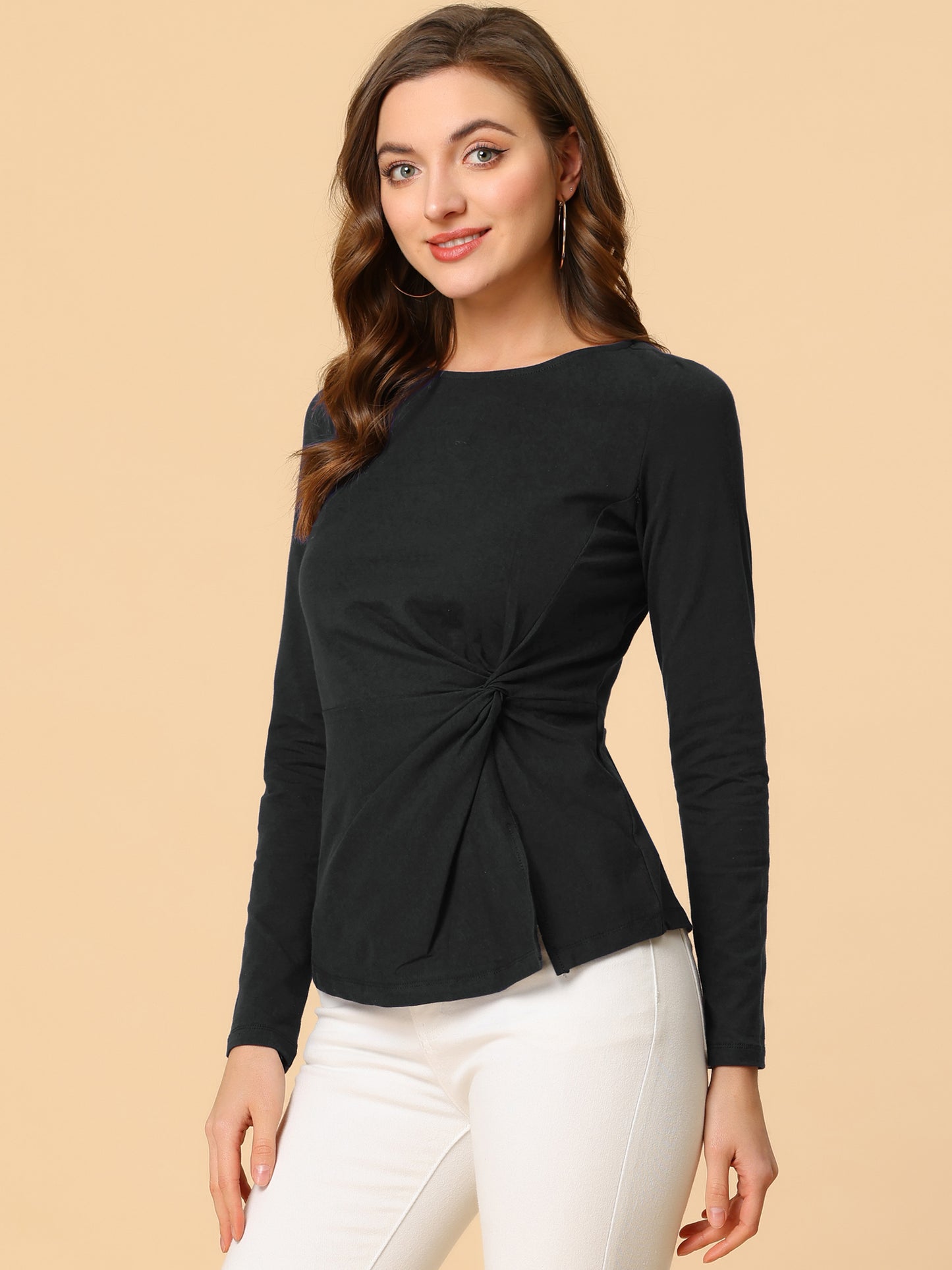 Women's Long Sleeve Round Neck Front Twist Top Ruched T-Shirt
