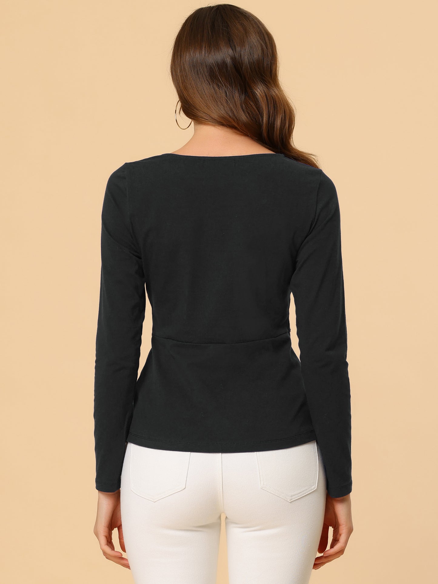 Women's Long Sleeve Round Neck Front Twist Top Ruched T-Shirt