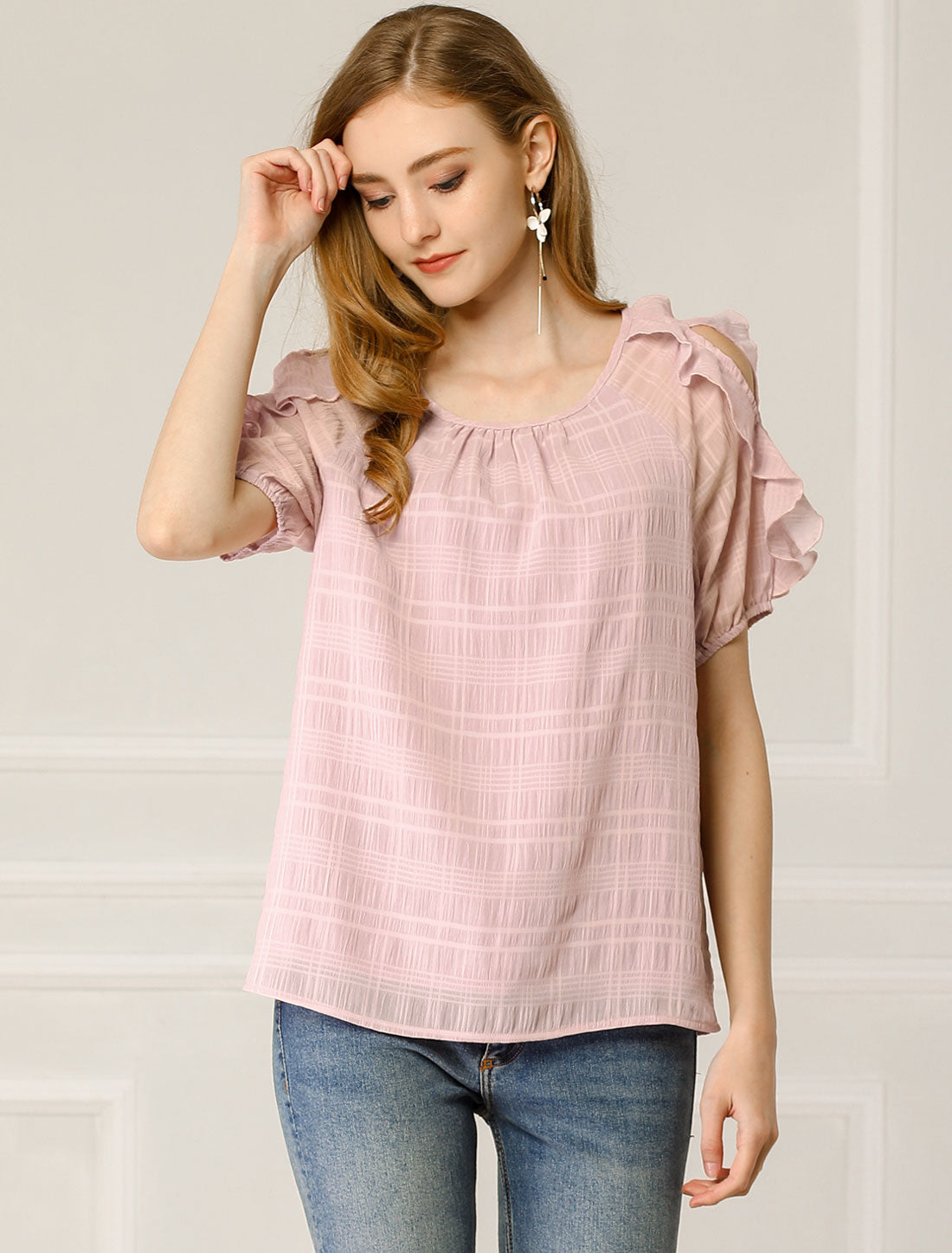 Women's Ruffled Boat Neck Chiffon Out Shoulder Short Sleeve Blouse