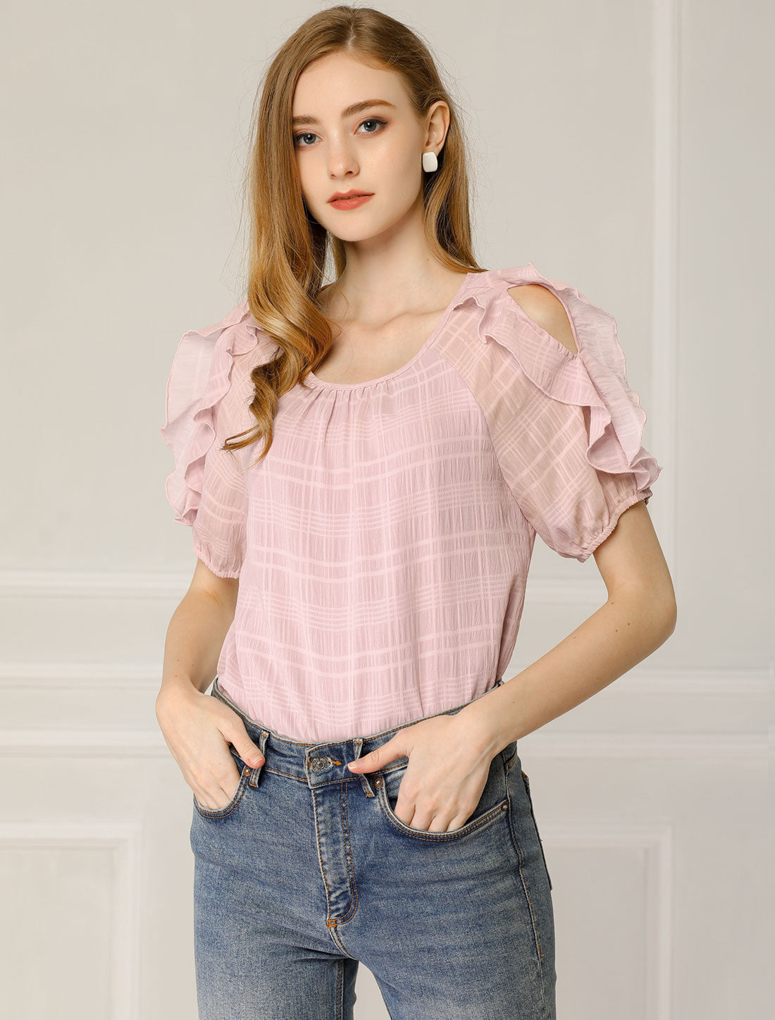 Women's Ruffled Boat Neck Chiffon Out Shoulder Short Sleeve Blouse
