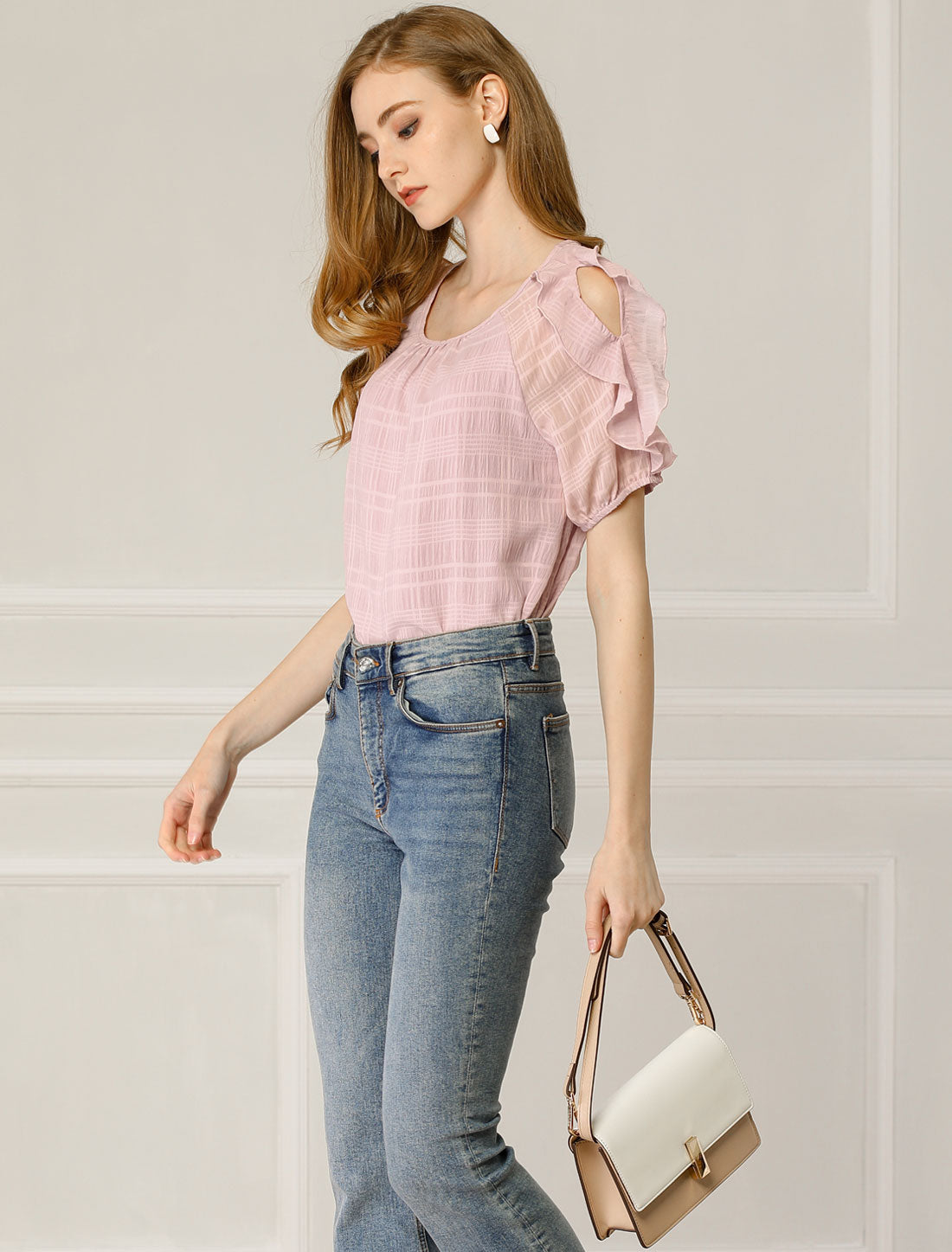 Women's Ruffled Boat Neck Chiffon Out Shoulder Short Sleeve Blouse