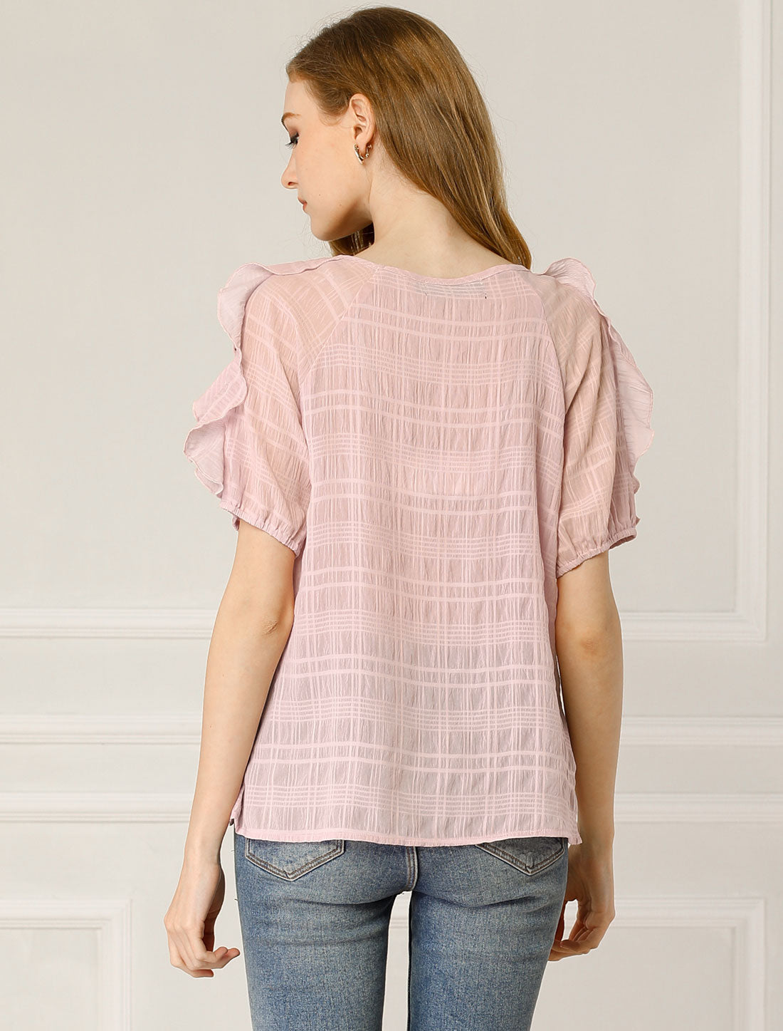 Women's Ruffled Boat Neck Chiffon Out Shoulder Short Sleeve Blouse