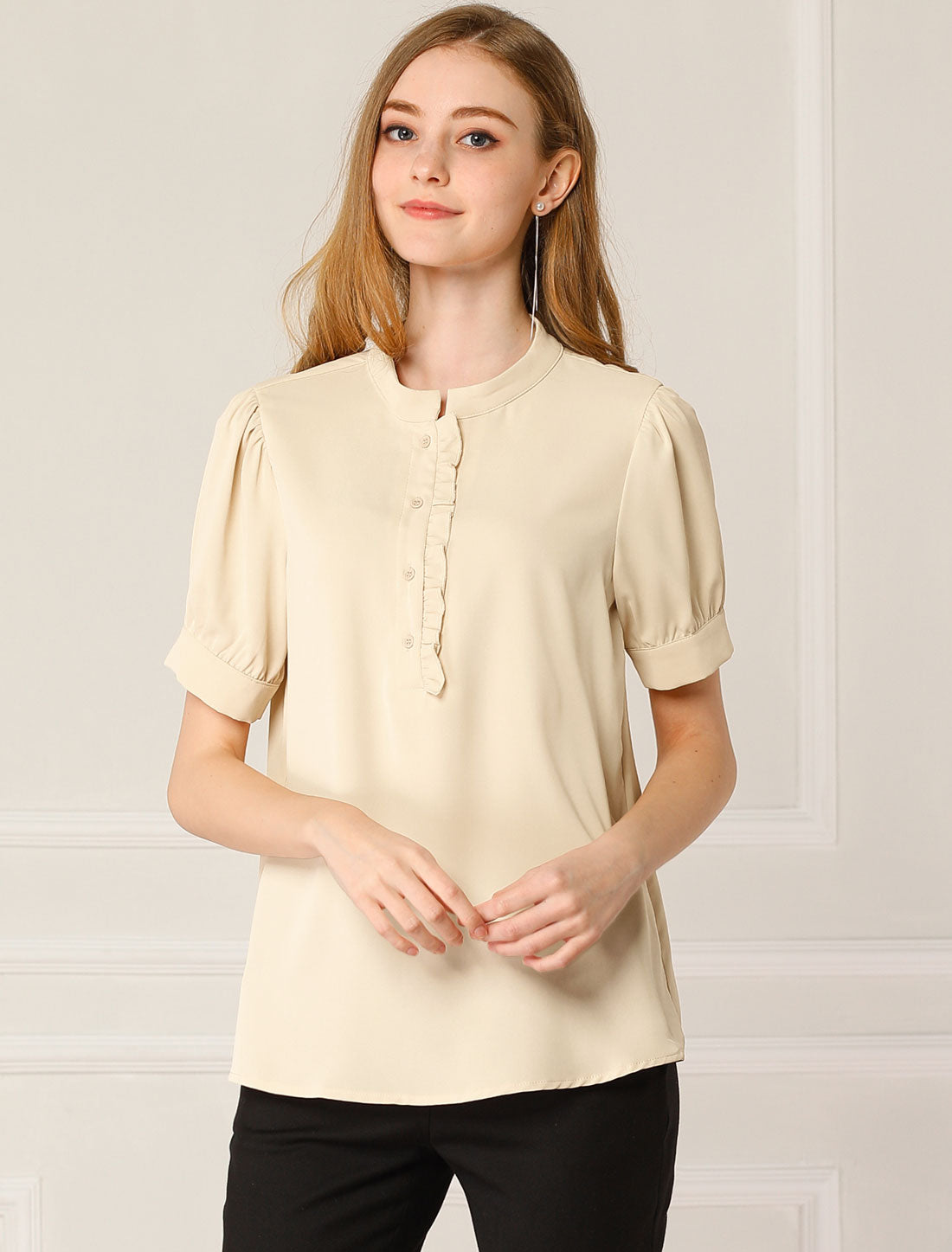 Women's Retrp Workwear Half Placket Puff Sleeve Ruffled Blouse Top