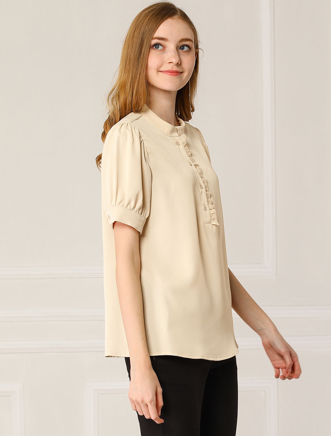 Women's Retrp Workwear Half Placket Puff Sleeve Ruffled Blouse Top