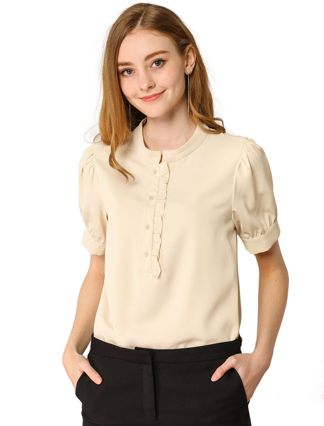 Women's Workwear Half Placket Puff Sleeve Ruffled Blouse Top