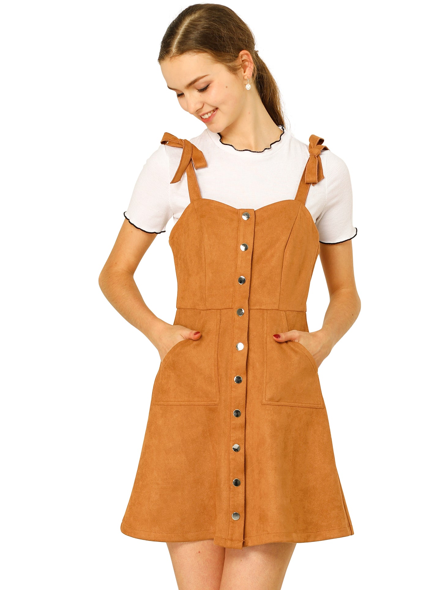 Women's Button Down Pockets Sleeveless Faux Suede Pinafore Overall Dress