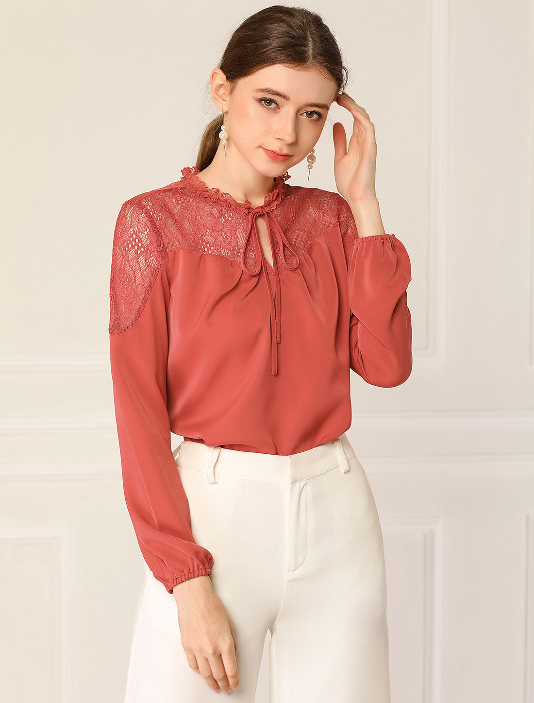 Women's Elegant Lace Self Tie Neck Ruffle Lightweight Chiffon Long Sleeve Blouse Top