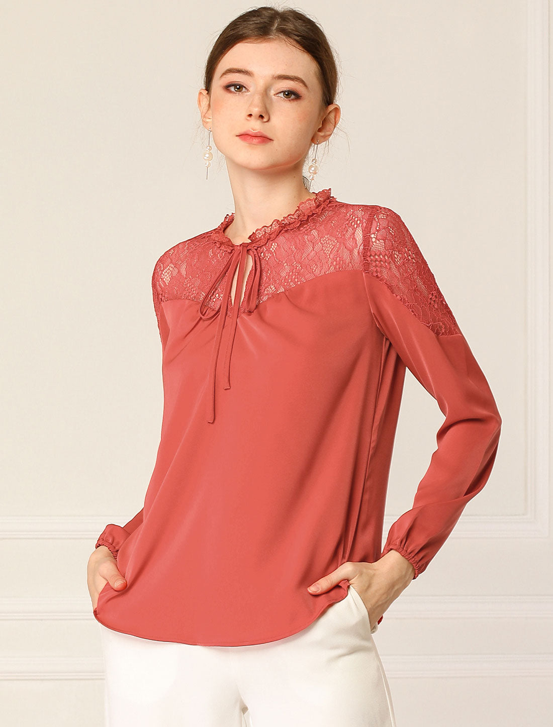 Women's Elegant Lace Self Tie Neck Ruffle Lightweight Chiffon Long Sleeve Blouse Top