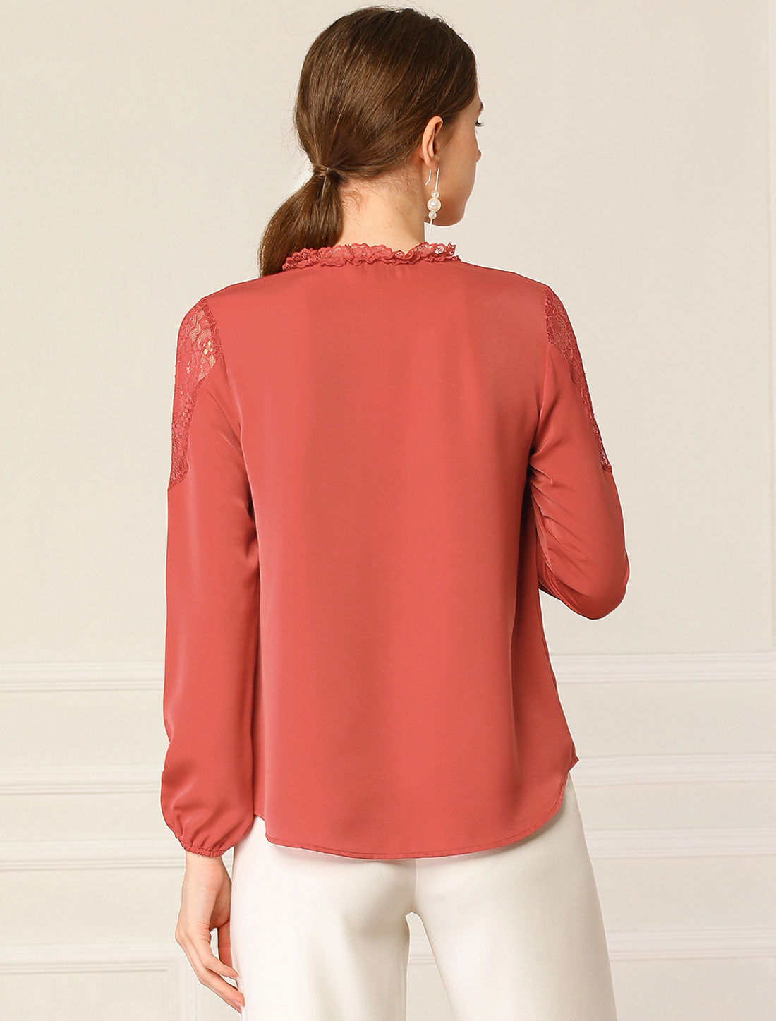 Women's Elegant Lace Self Tie Neck Ruffle Lightweight Chiffon Long Sleeve Blouse Top