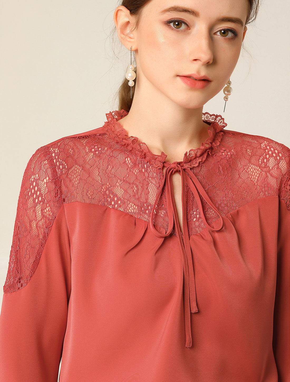 Women's Elegant Lace Self Tie Neck Ruffle Lightweight Chiffon Long Sleeve Blouse Top