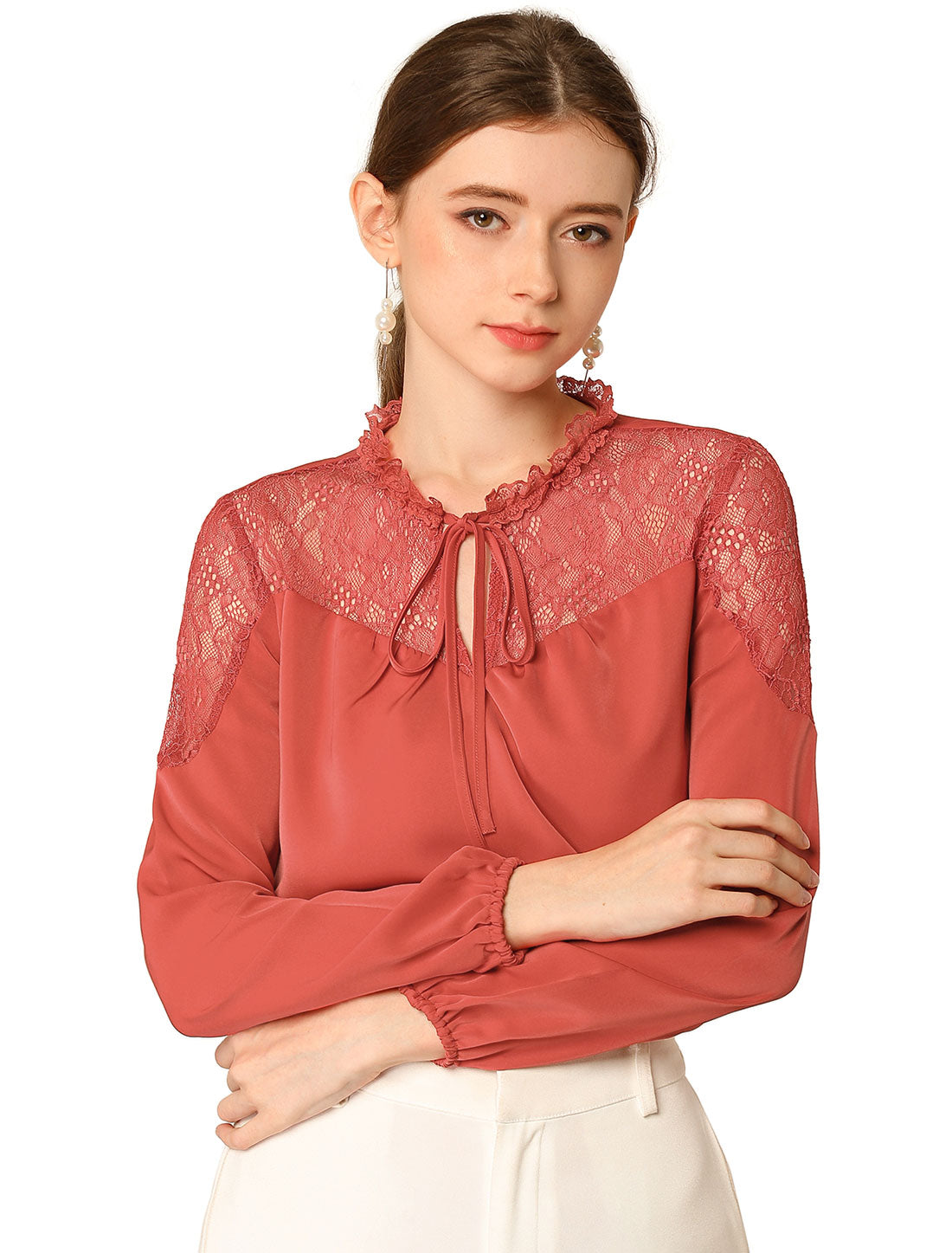 Women's Elegant Lace Self Tie Neck Ruffle Lightweight Chiffon Long Sleeve Blouse Top