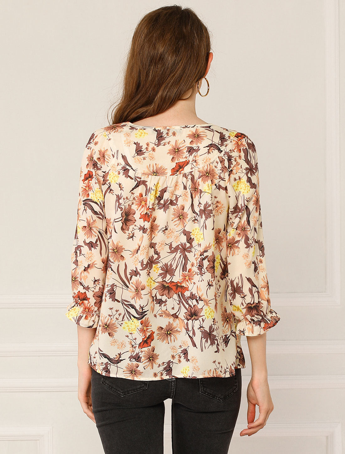 Women's Tie Neck 3/4 Sleeve Floral Blouse Bow Top
