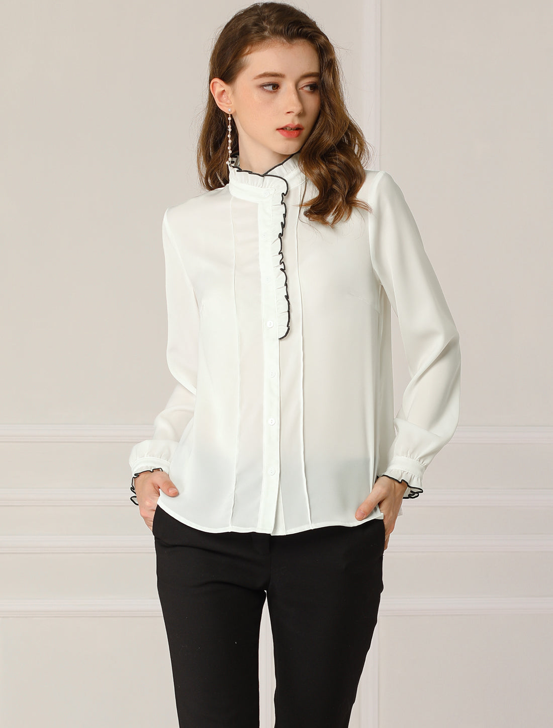 Women's Work Office Long Sleeve Chiffon Ruffled Collar Henley Blouse Shirt