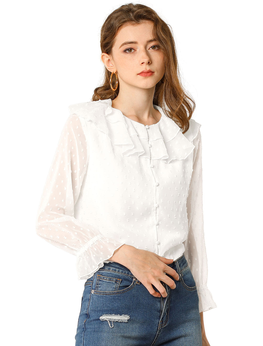 Women's Swiss Dots Bracelet Sleeves Chiffon Boho Ruffle Neck Blouse