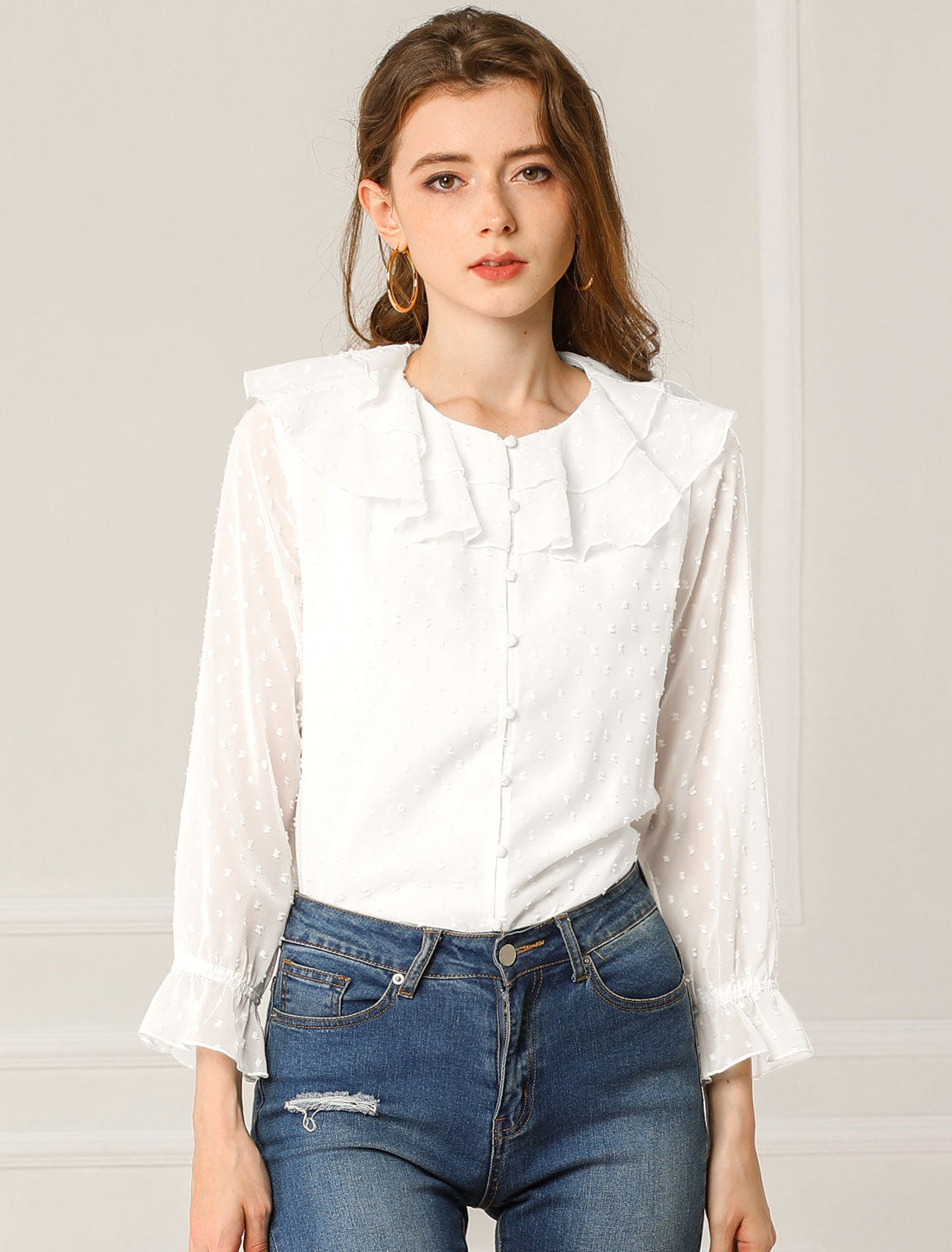 Women's Swiss Dots Bracelet Sleeves Chiffon Boho Ruffle Neck Blouse
