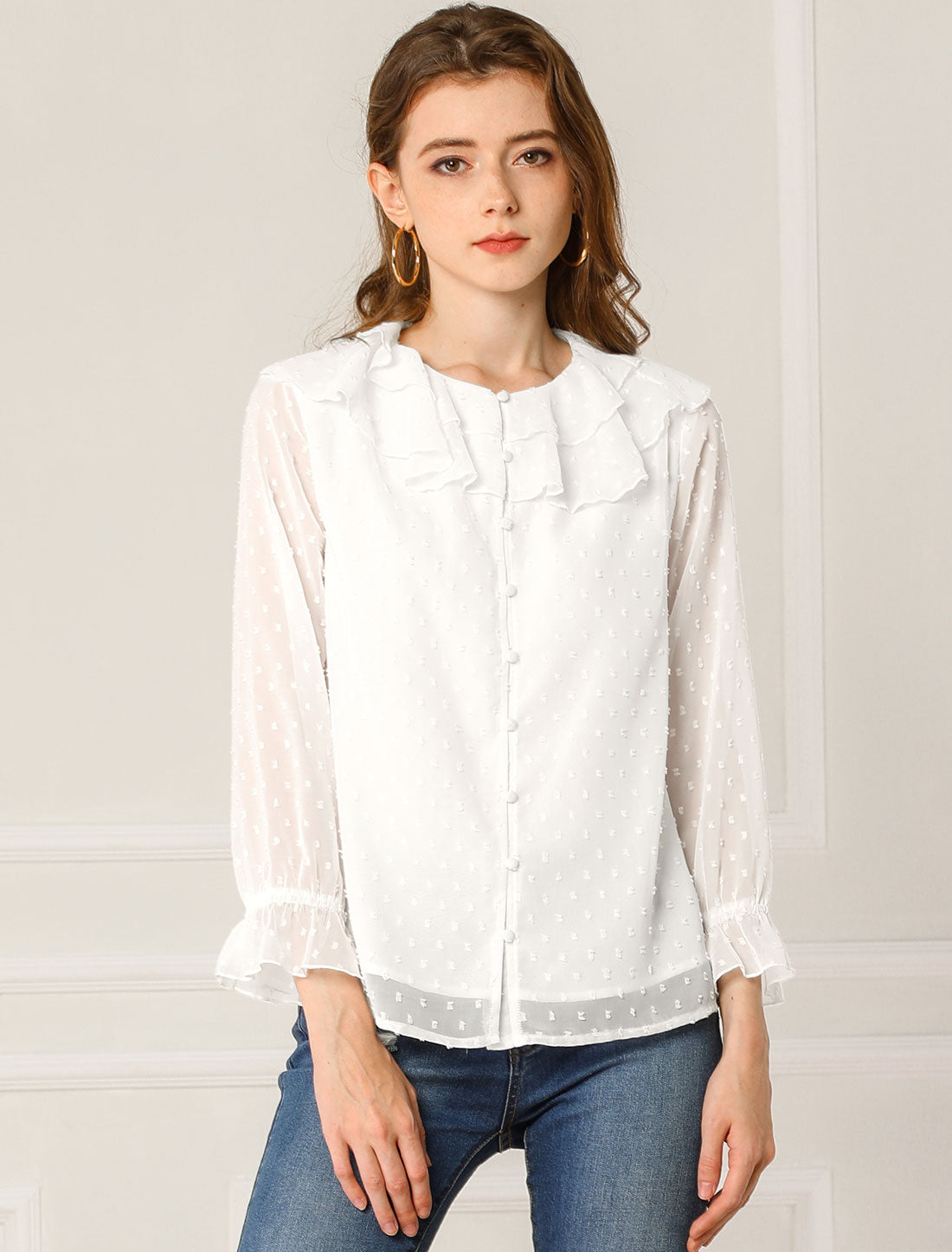 Women's Swiss Dots Bracelet Sleeves Chiffon Boho Ruffle Neck Blouse