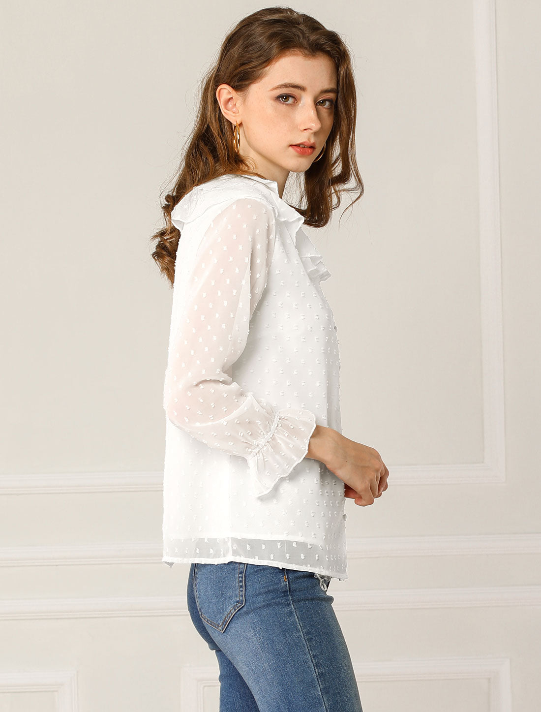 Women's Swiss Dots Bracelet Sleeves Chiffon Boho Ruffle Neck Blouse