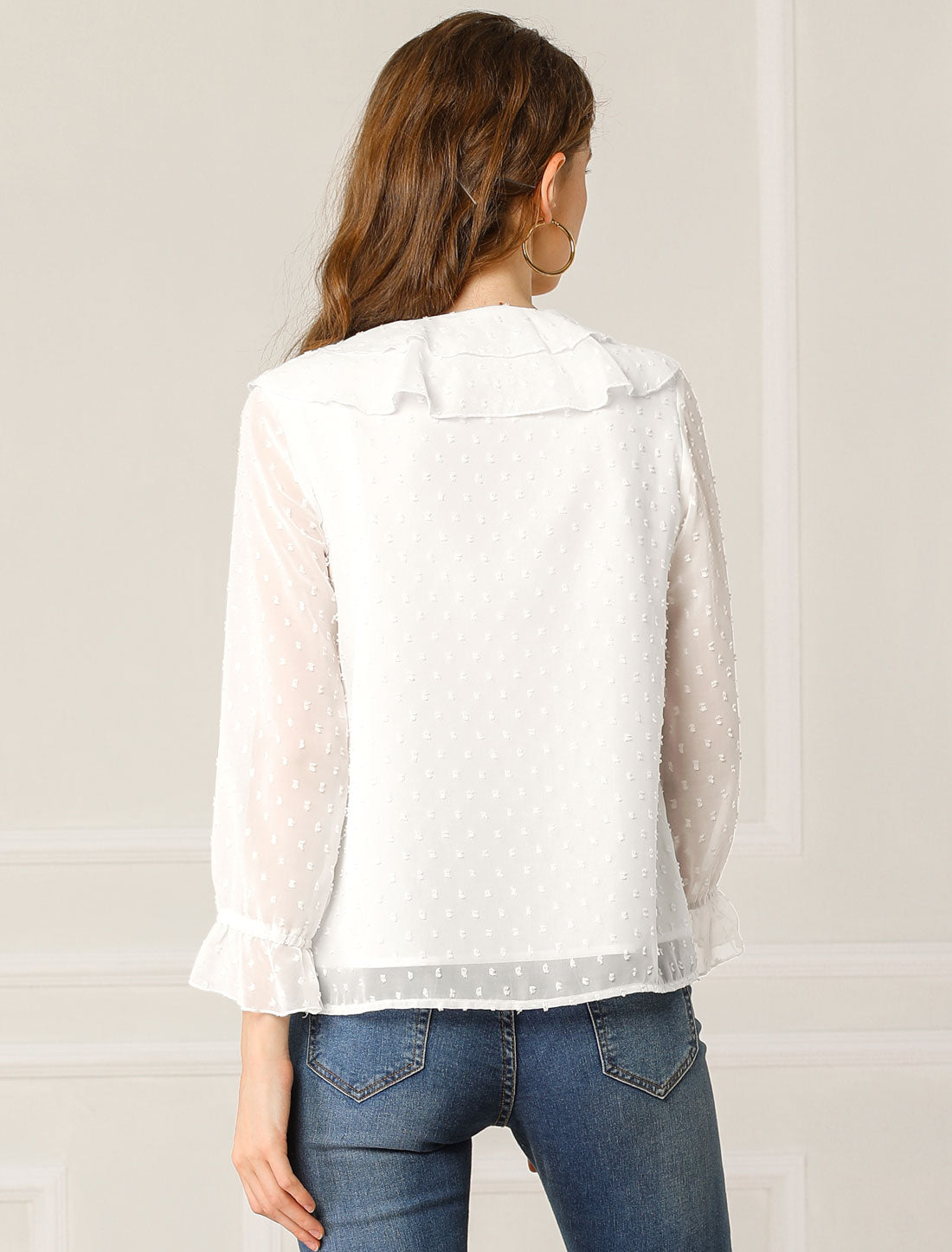 Women's Swiss Dots Bracelet Sleeves Chiffon Boho Ruffle Neck Blouse
