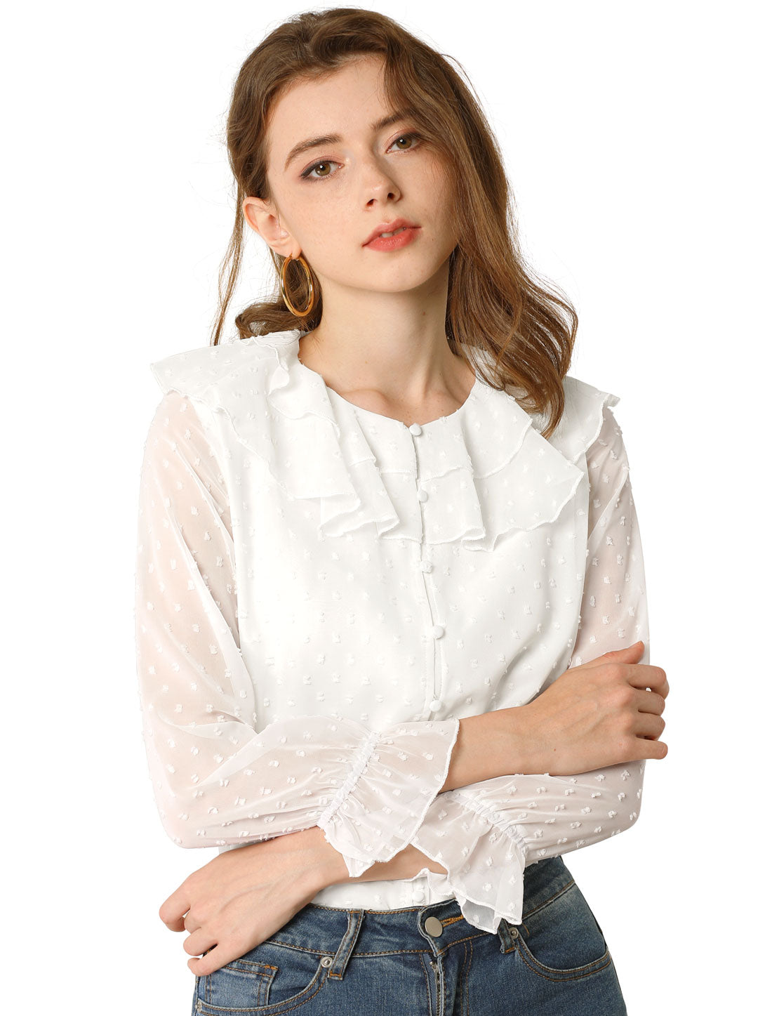 Women's Swiss Dots Bracelet Sleeves Chiffon Boho Ruffle Neck Blouse