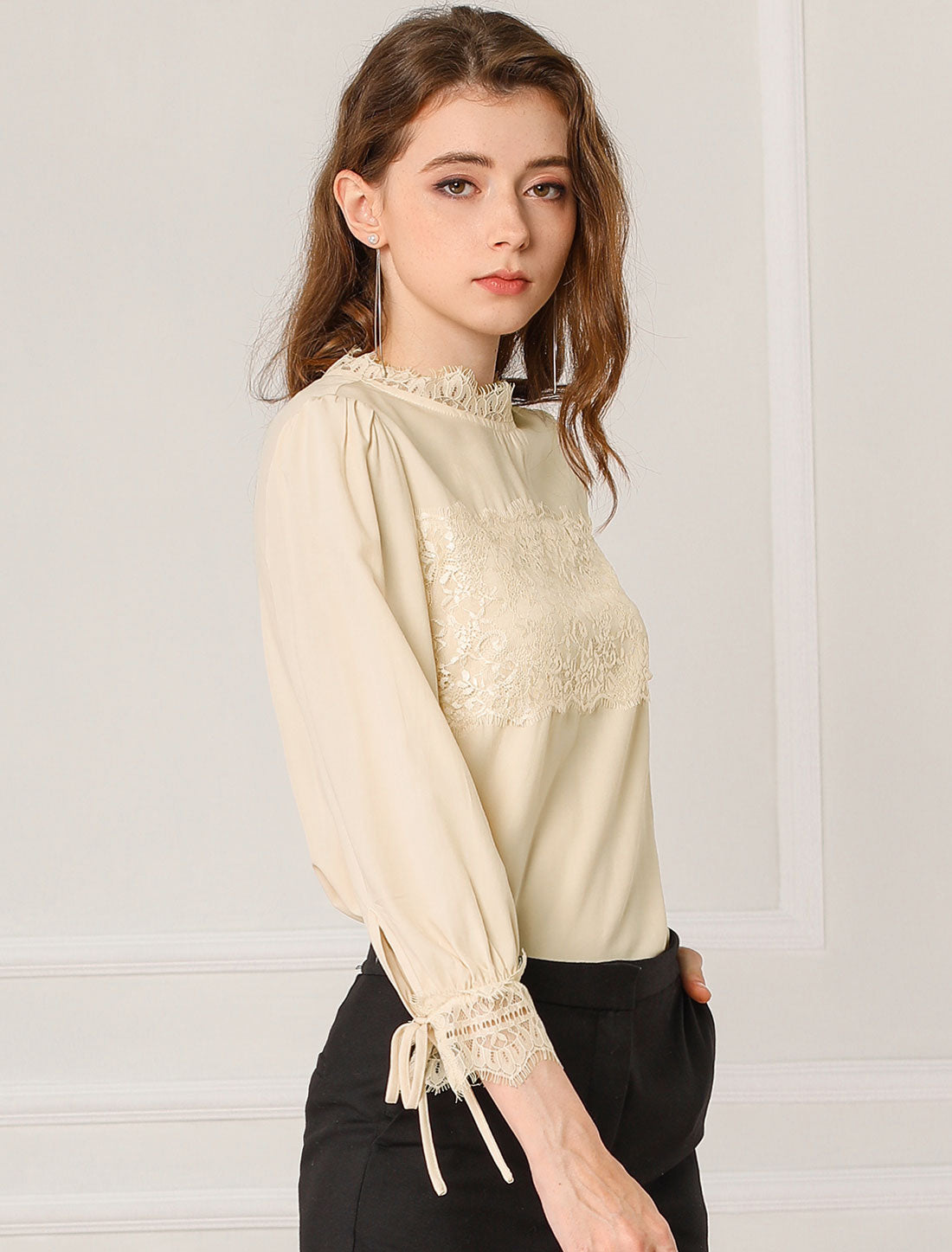 Women's 3/4 Sleeves Mock Neck Lace Panel Blouse