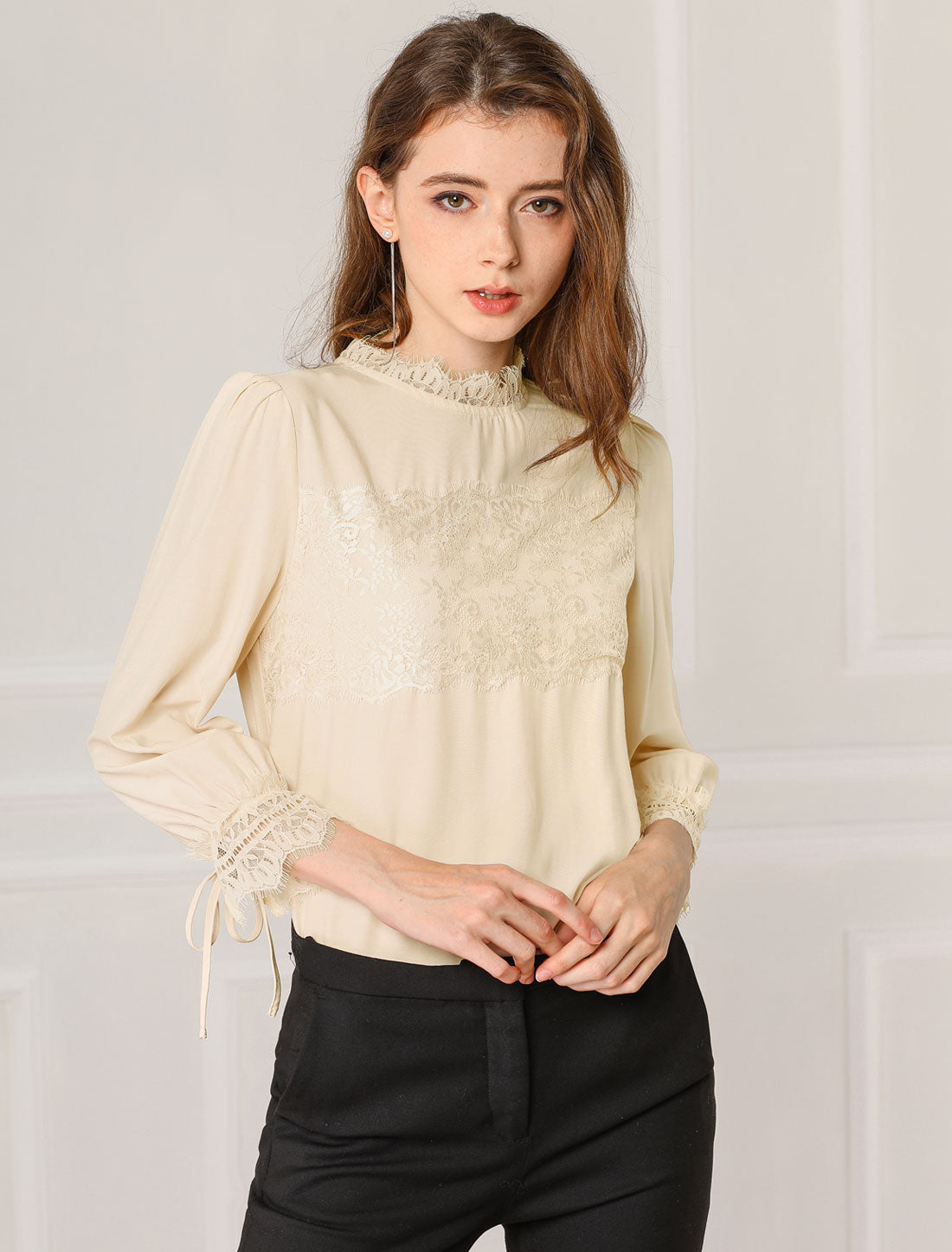 Women's 3/4 Sleeves Mock Neck Lace Panel Blouse