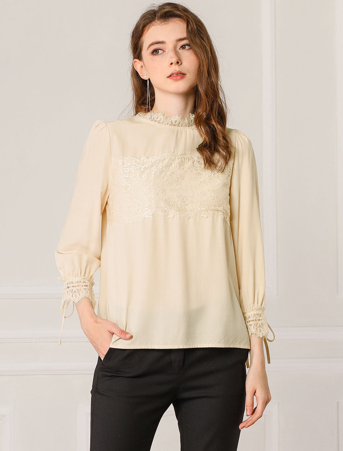 Women's 3/4 Sleeves Mock Neck Lace Panel Blouse