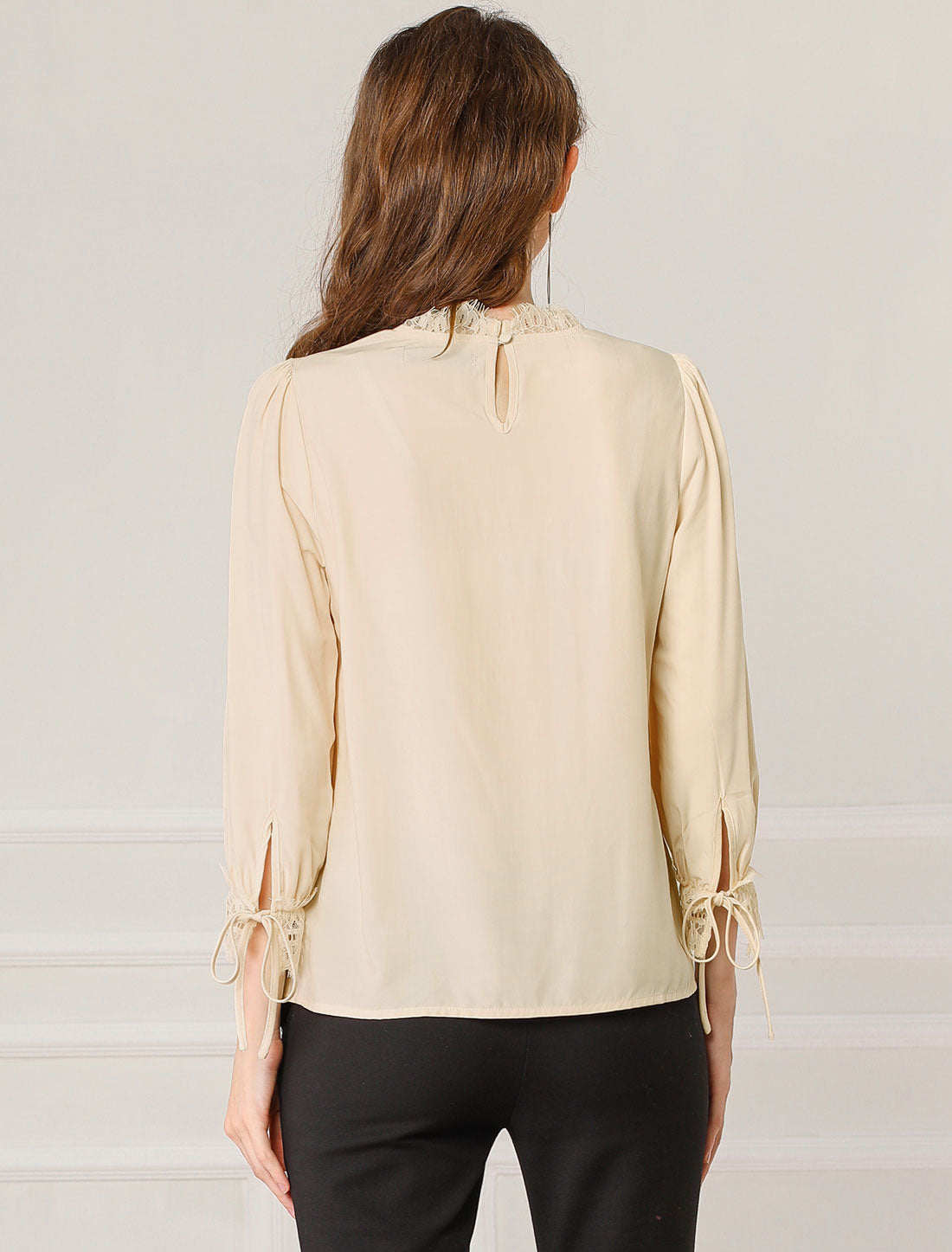 Women's 3/4 Sleeves Mock Neck Lace Panel Blouse