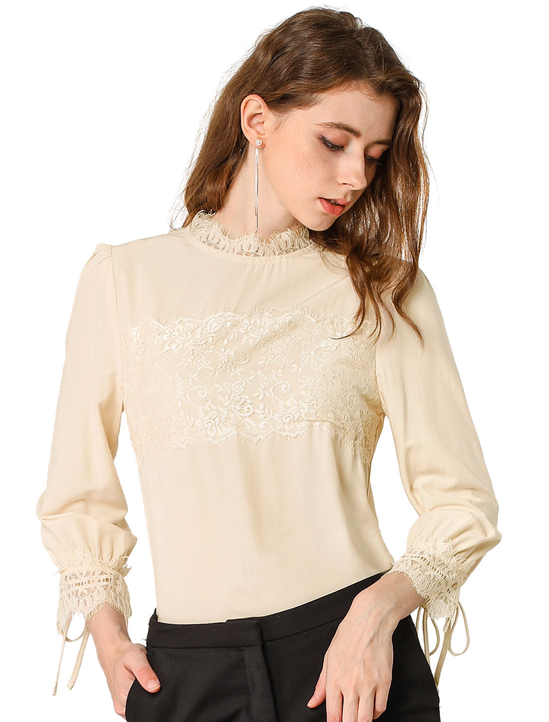 Women's 3/4 Sleeves Mock Neck Lace Panel Blouse