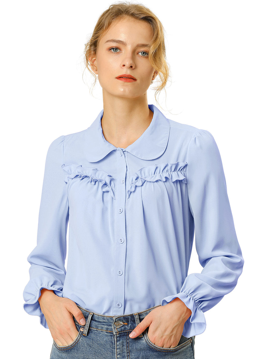 Women's Button Down Ruffle Long Sleeve Peter Pan Collar Work Shirt Top