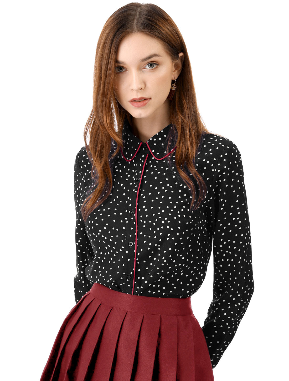 Women's Printed Long Sleeve Piped Button Down Office Shirt