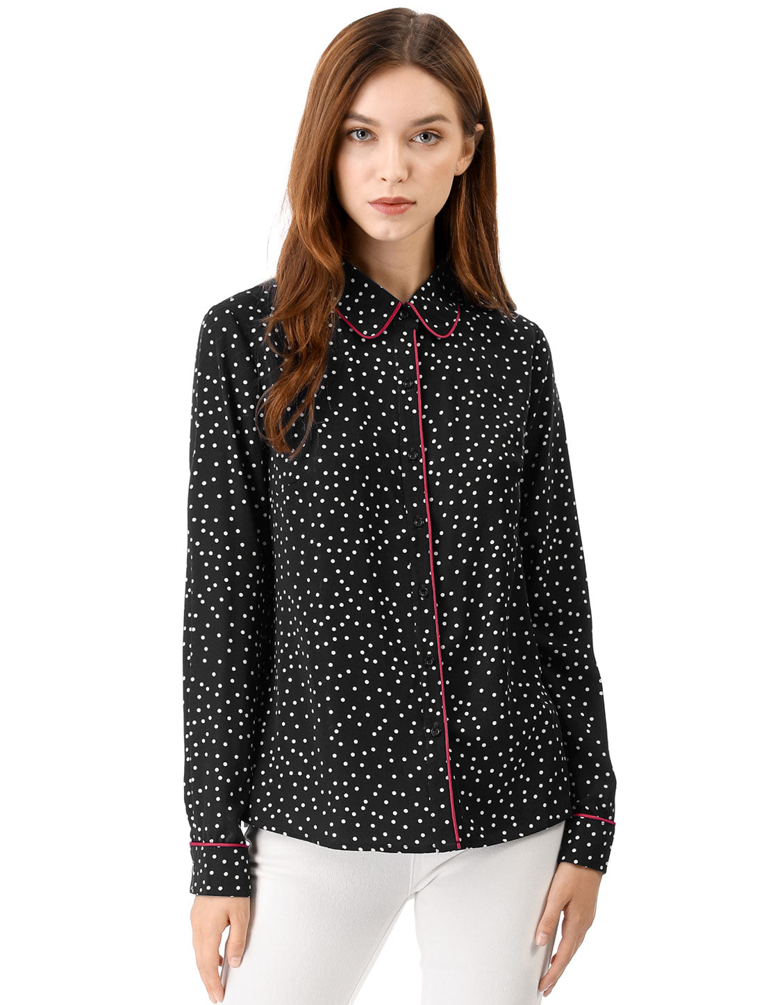 Women's Printed Long Sleeve Piped Button Down Office Shirt
