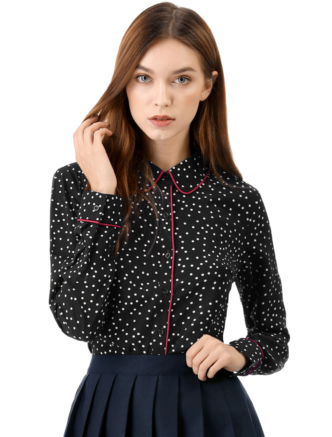 Women's Printed Long Sleeve Piped Button Down Office Shirt