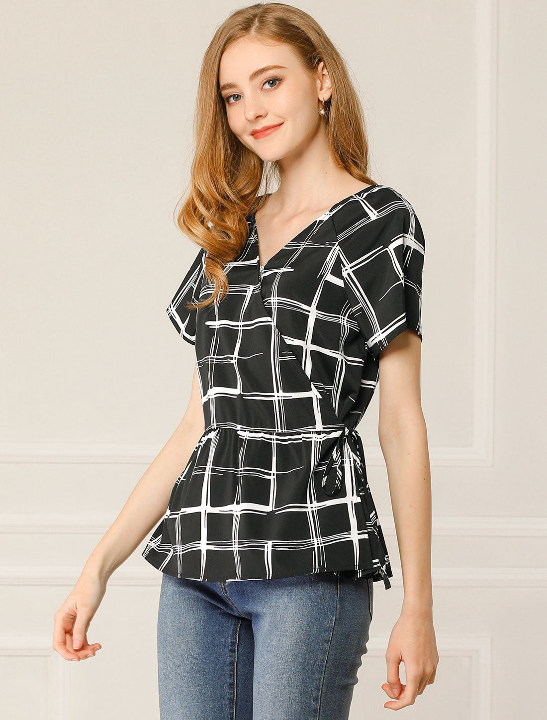 Women's V Neck Drawstring Waist Plaid Short Sleeve Peplum Wrap Blouse