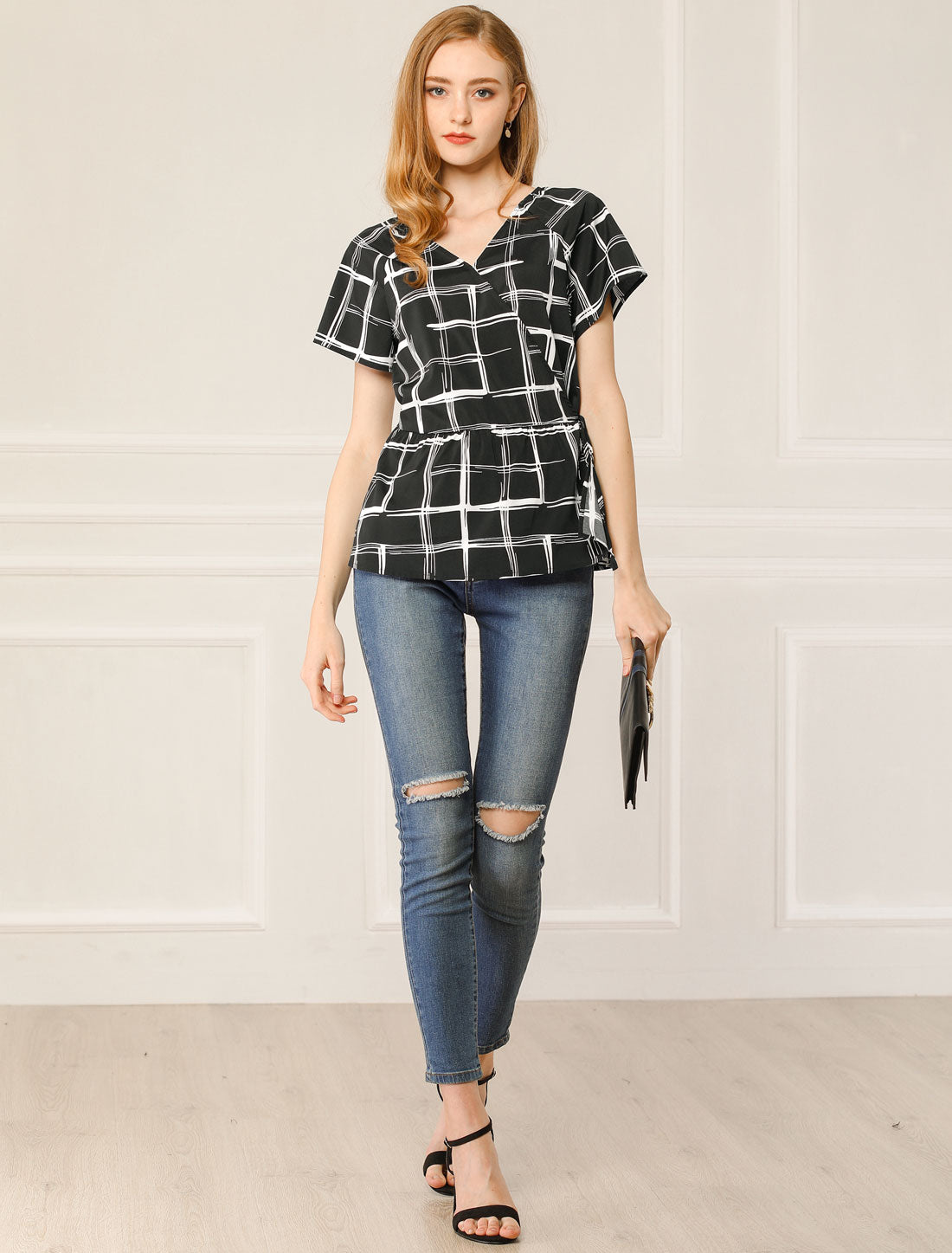 Women's V Neck Drawstring Waist Plaid Short Sleeve Peplum Wrap Blouse