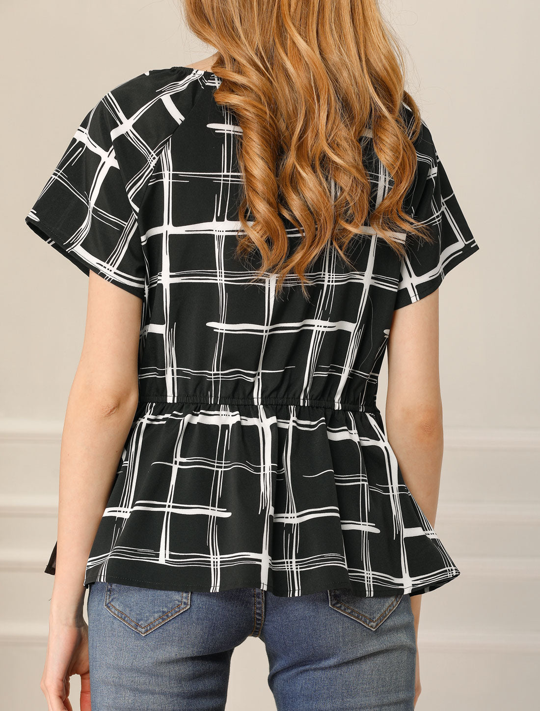 Women's V Neck Drawstring Waist Plaid Short Sleeve Peplum Wrap Blouse
