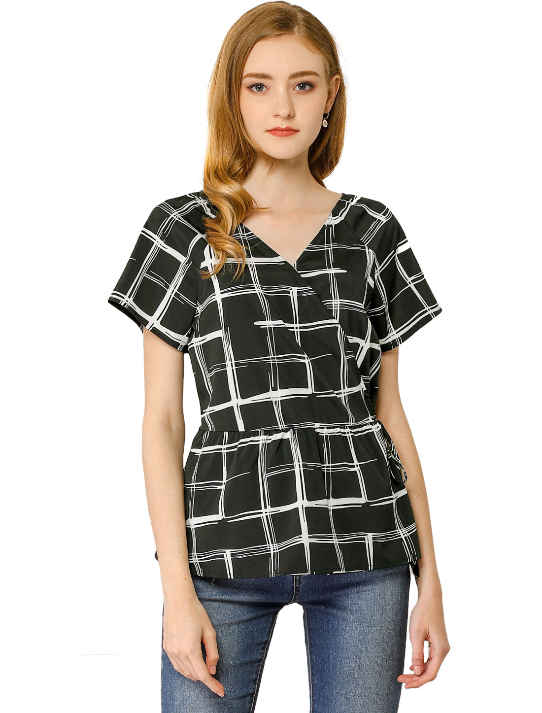Women's V Neck Drawstring Waist Plaid Short Sleeve Peplum Wrap Blouse