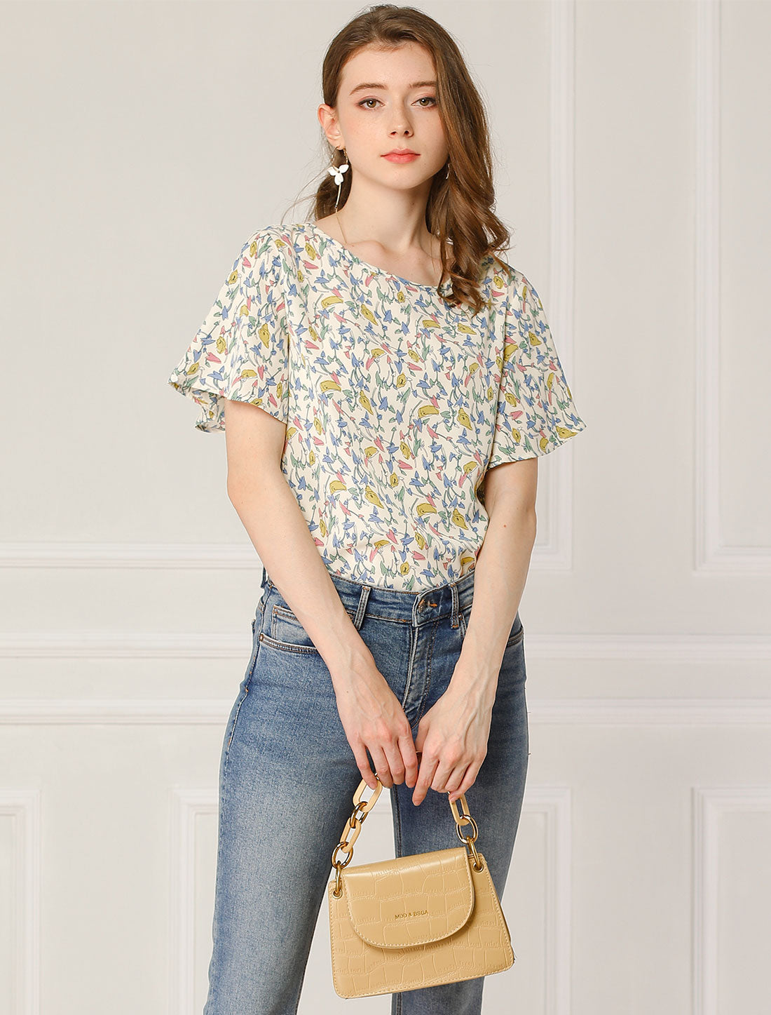 Women's Floral Chiffon Summer Flutter Sleeve Blouse