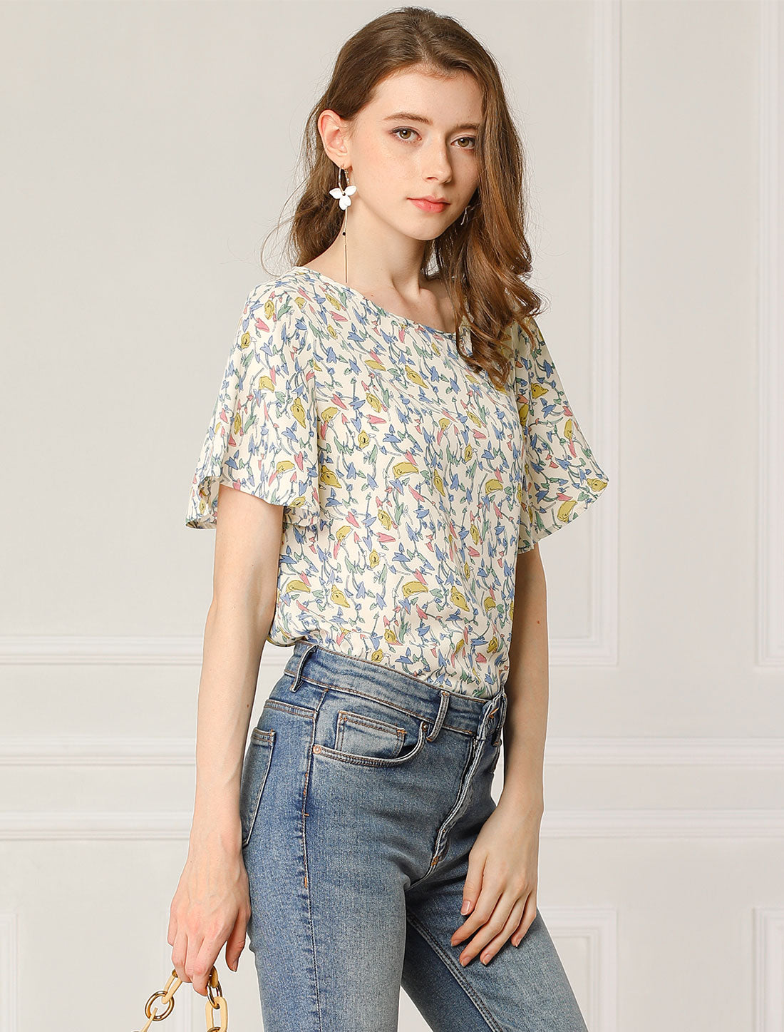 Women's Floral Chiffon Summer Flutter Sleeve Blouse