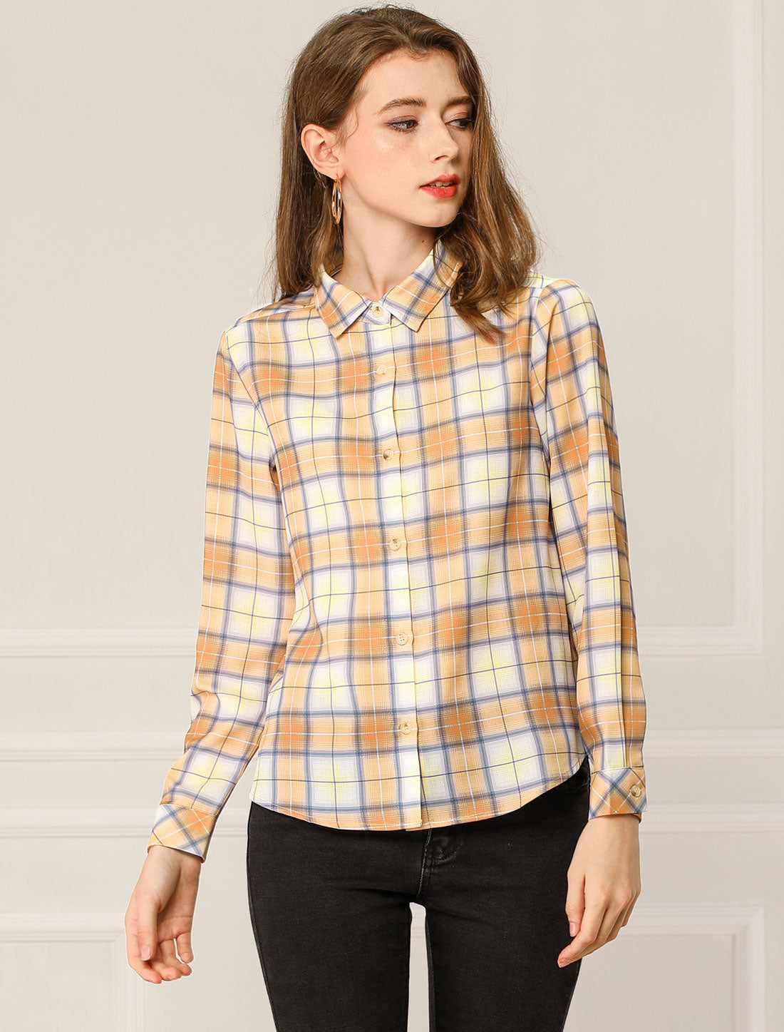 Women's Casual Long Sleeves Button Up Plaid Shirt