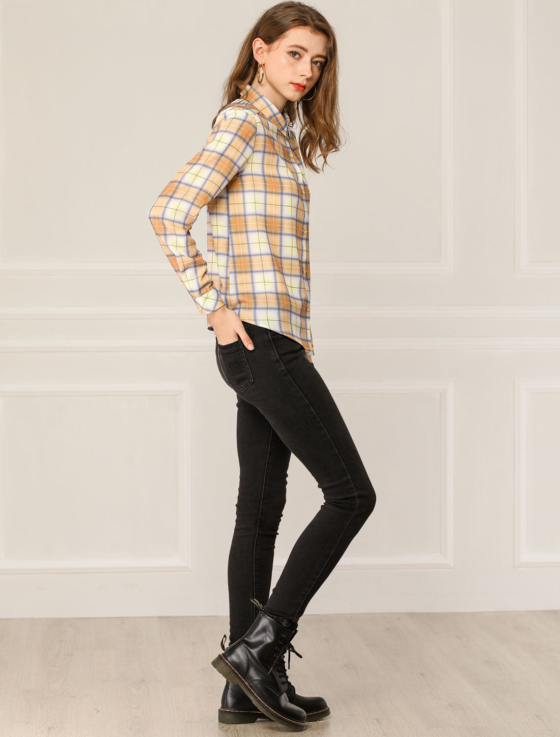 Women's Casual Long Sleeves Button Up Plaid Shirt
