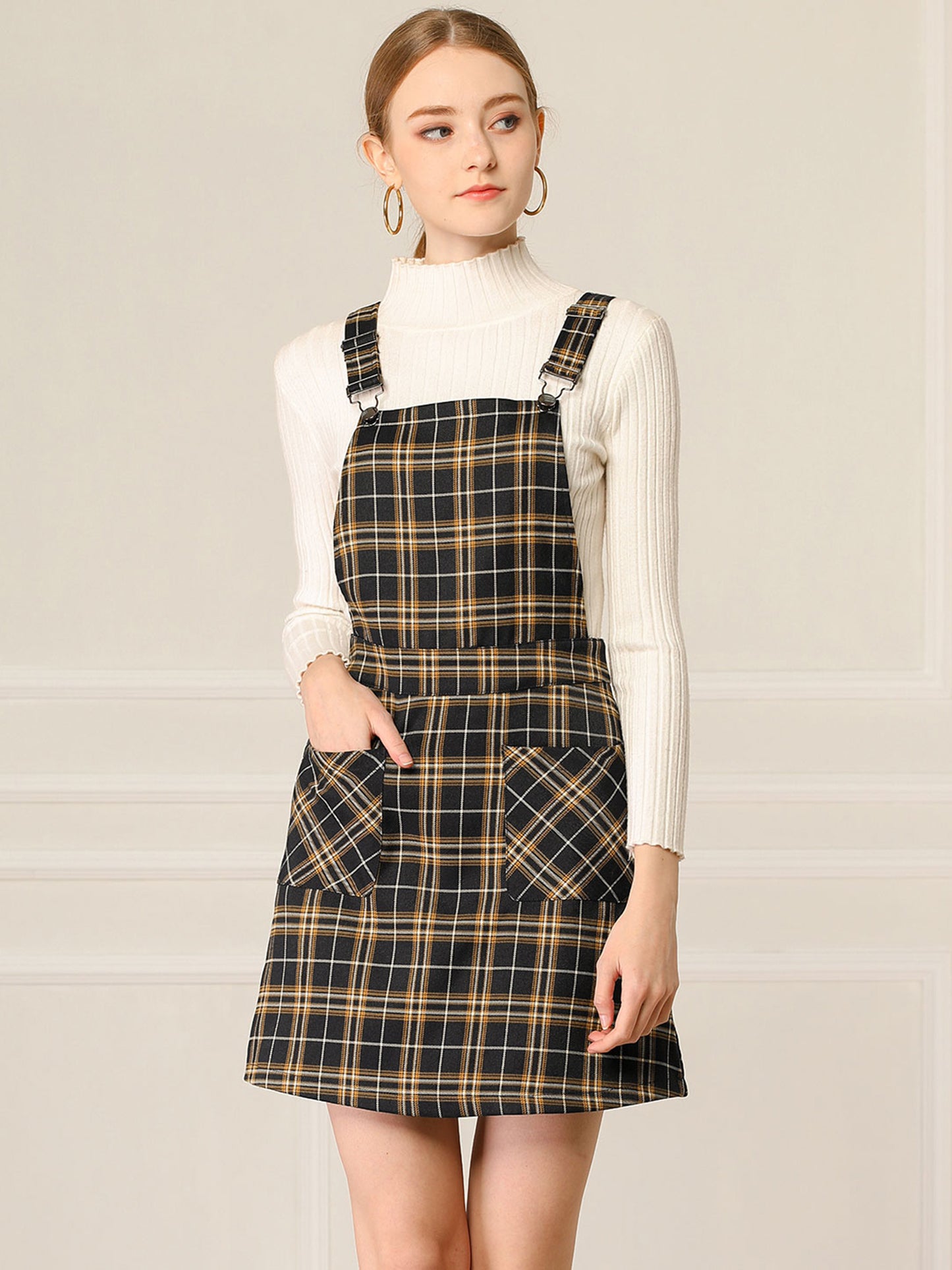 Women's Adjustable Strap Above Knee Plaid Printed Overall Dress Suspender Skirt